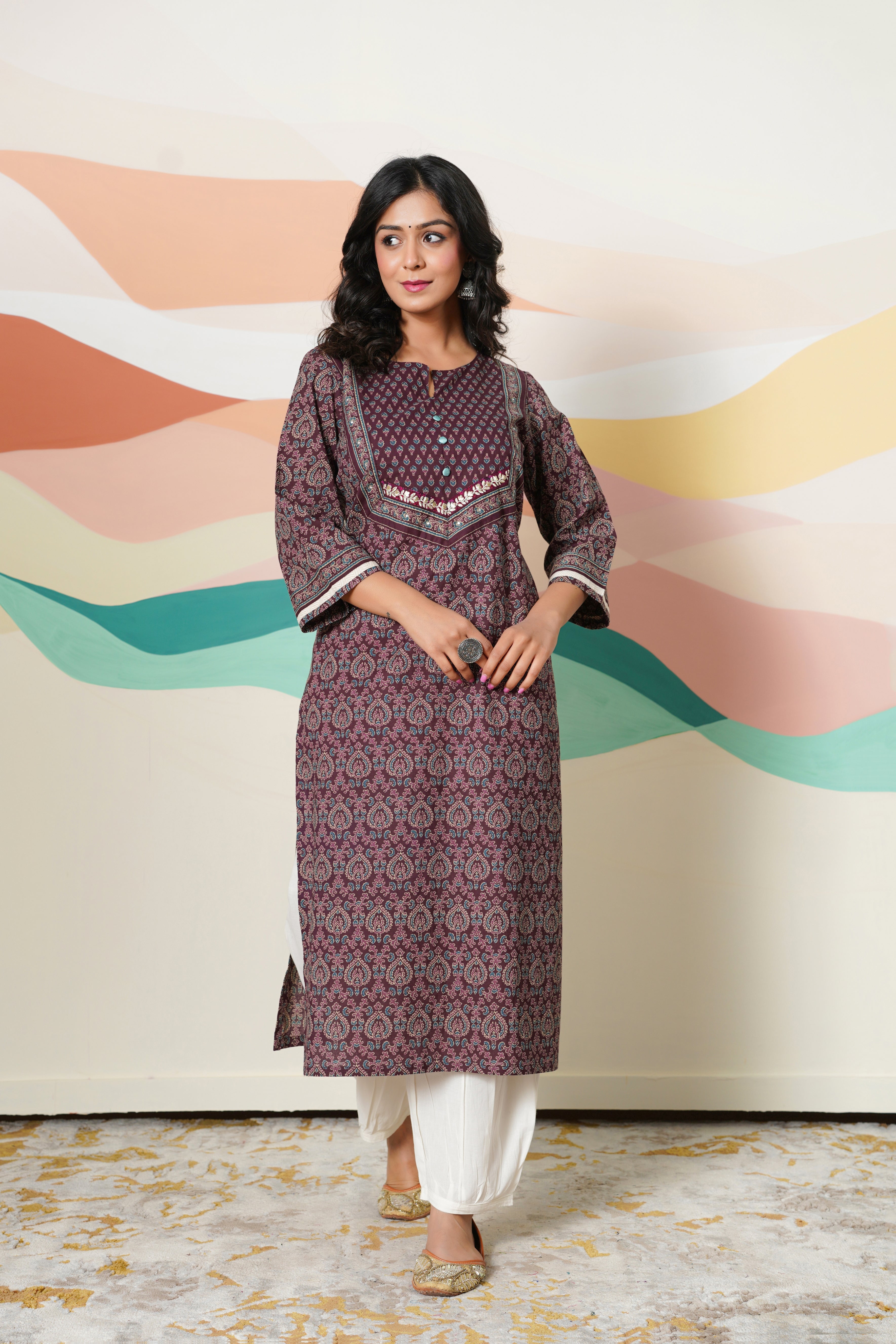 Wine Motif Printed Cotton Kurta