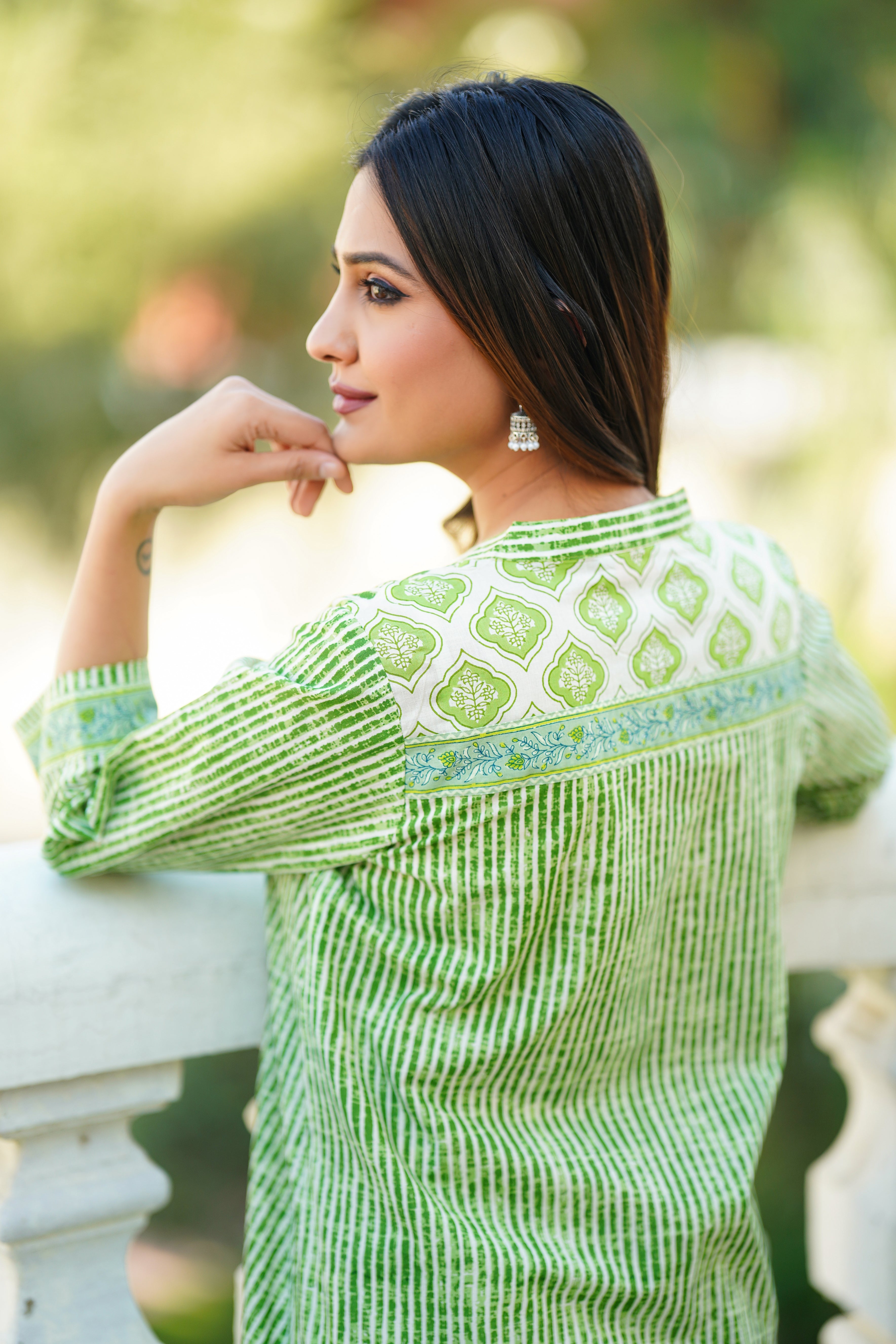 Green Stripe Printed Cotton Top