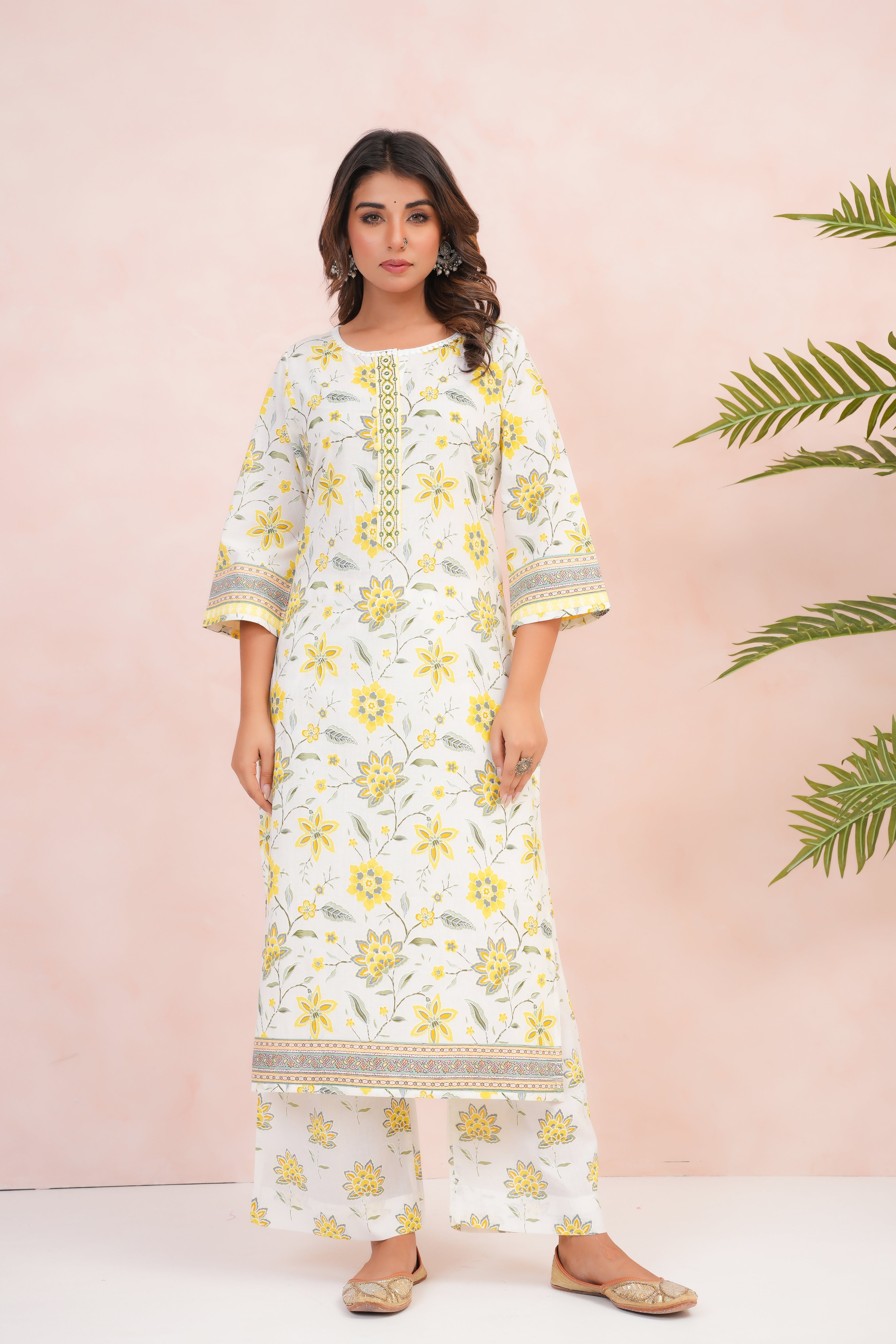 Lemon Floral Printed Cotton Suit Set