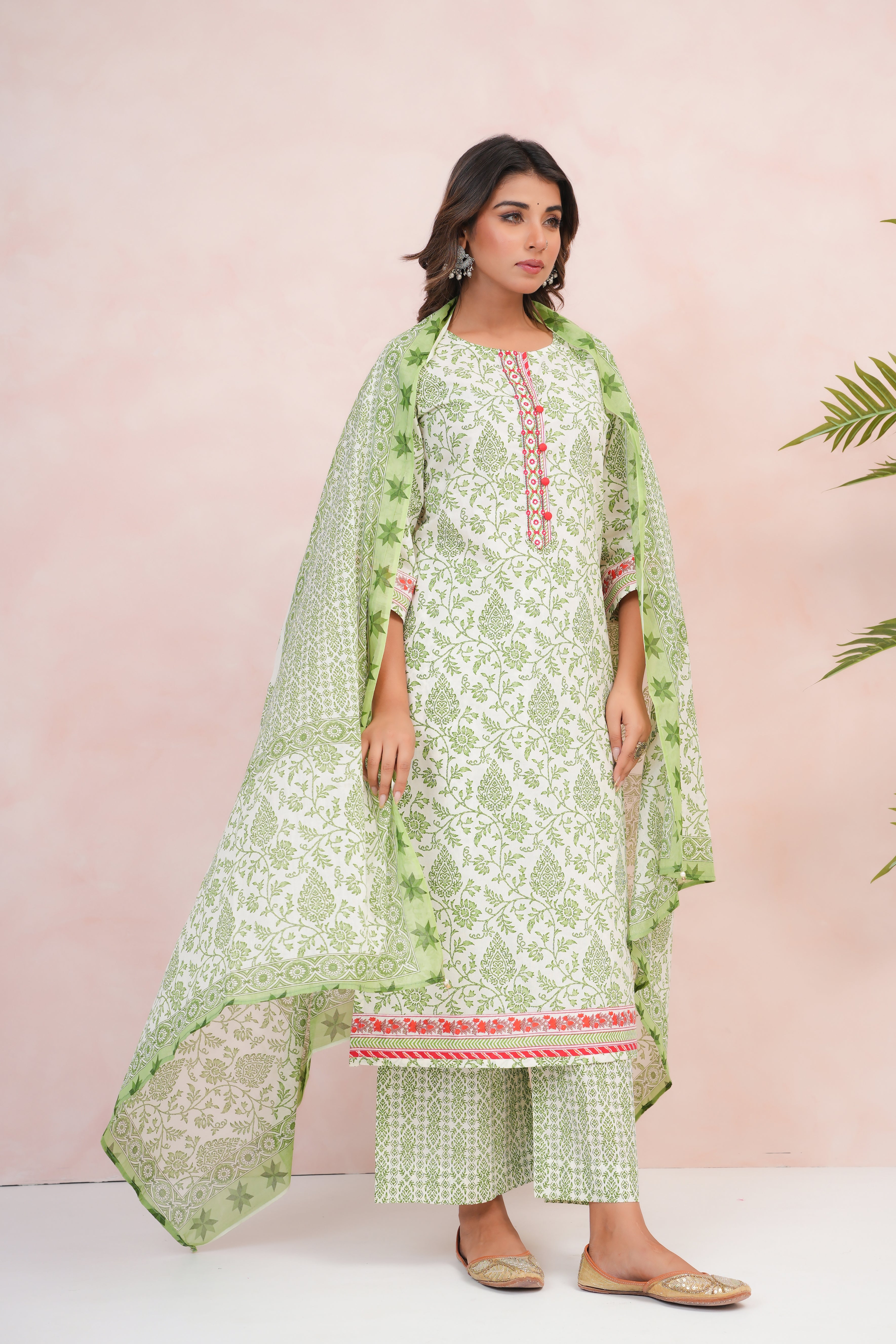 Green Motif Printed Cotton Suit Set