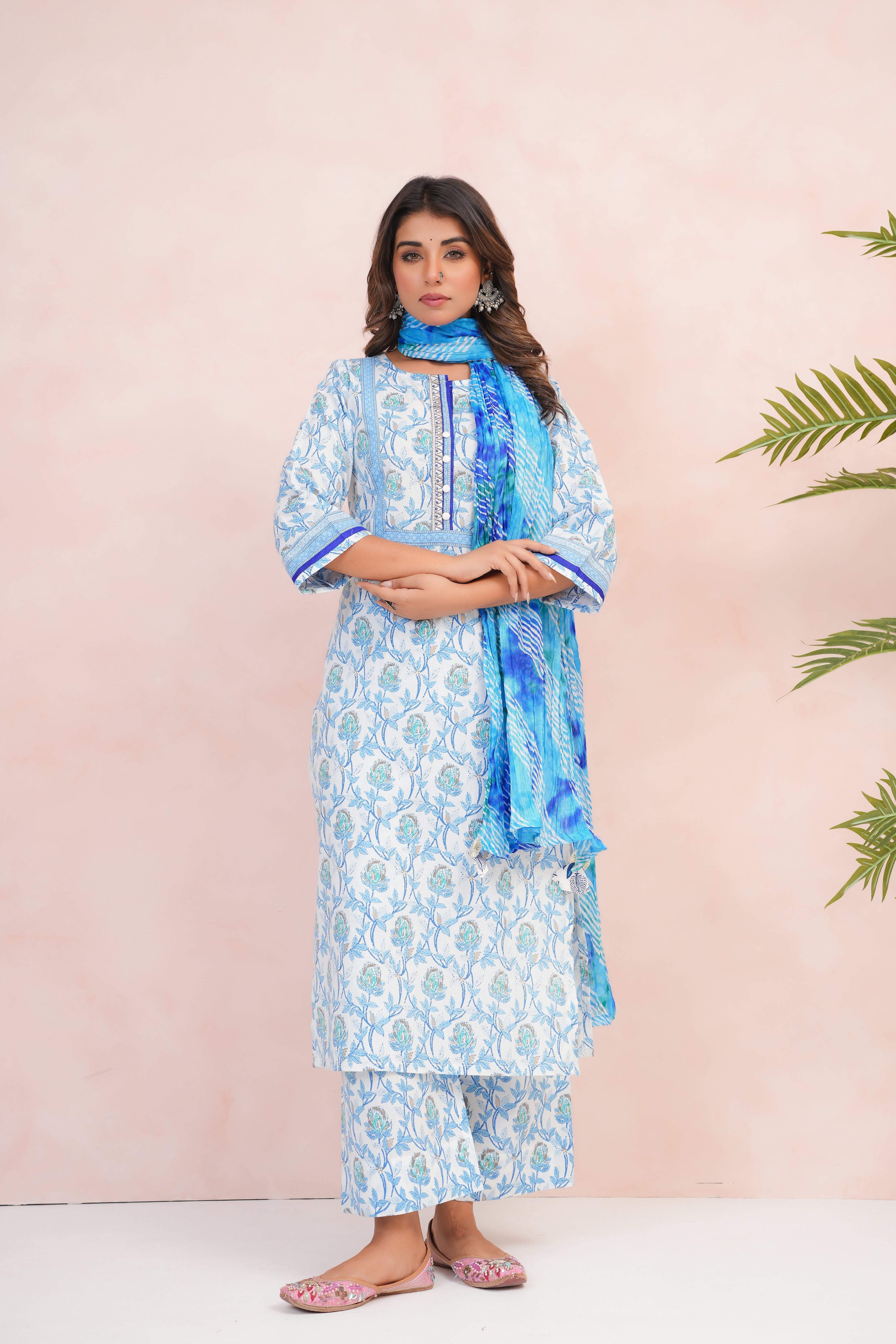 Blue Floral Printed Cotton Suit Set