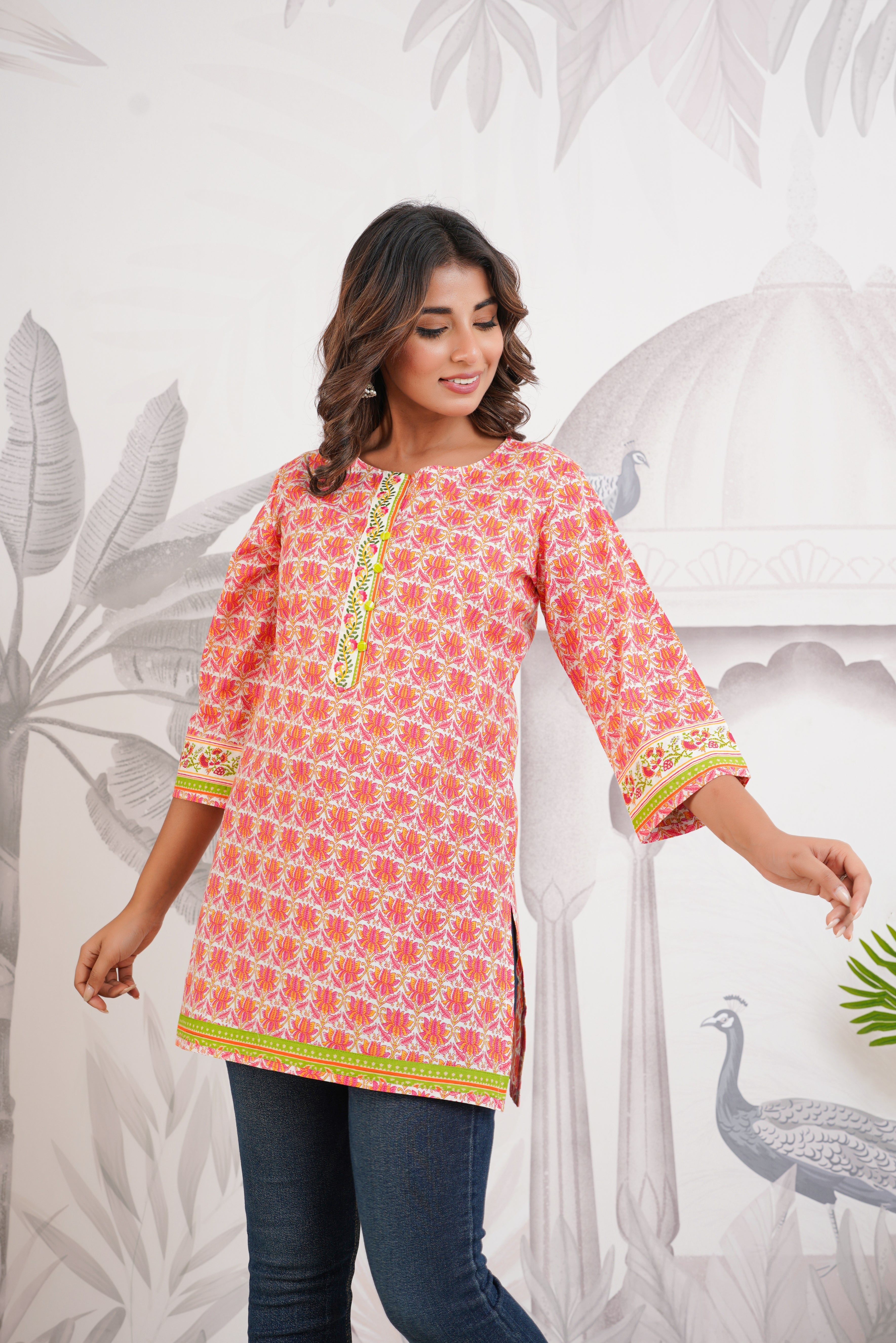 Orange Floral Printed Cotton Kurti
