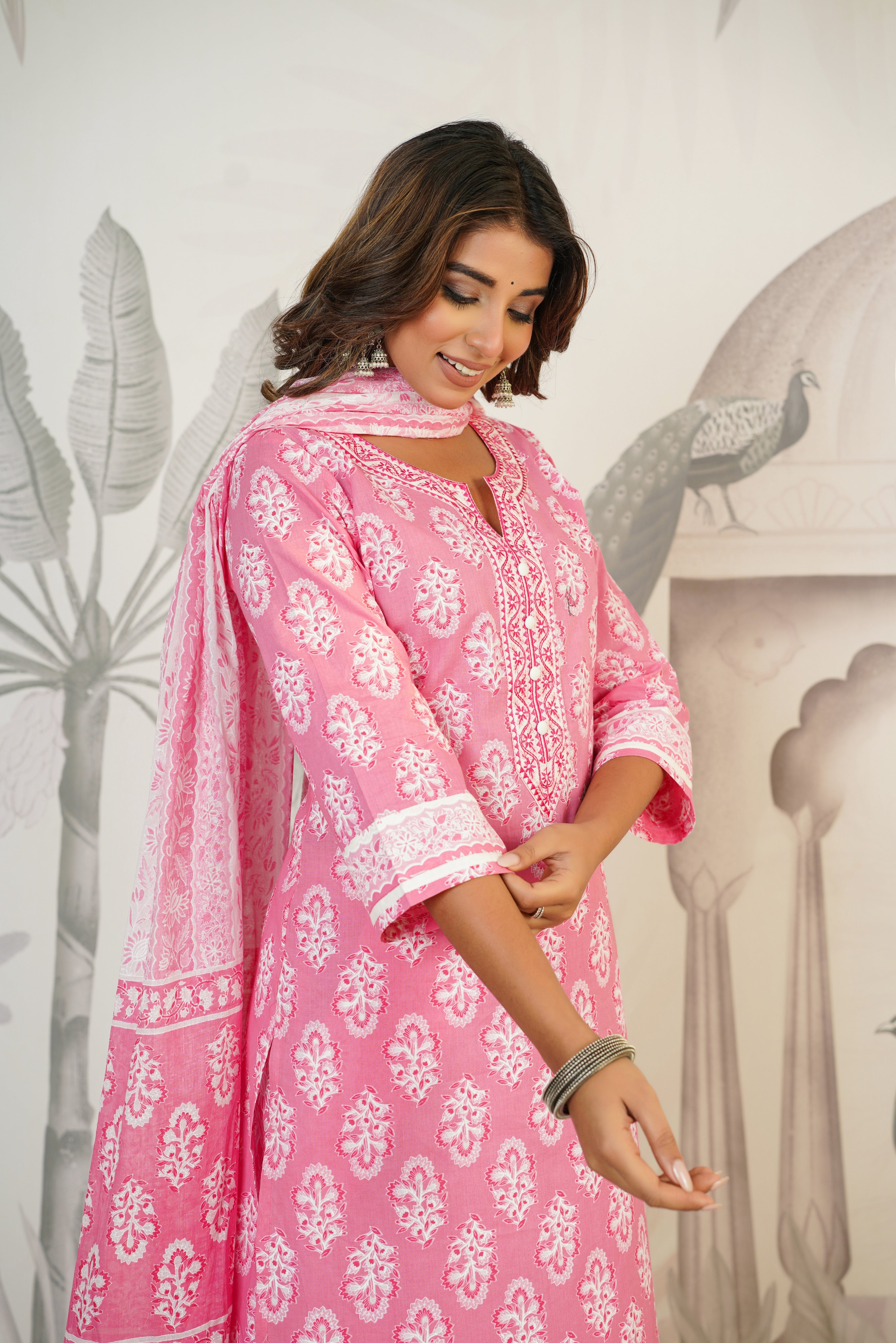 Pink Floral Printed Cotton Suit Set