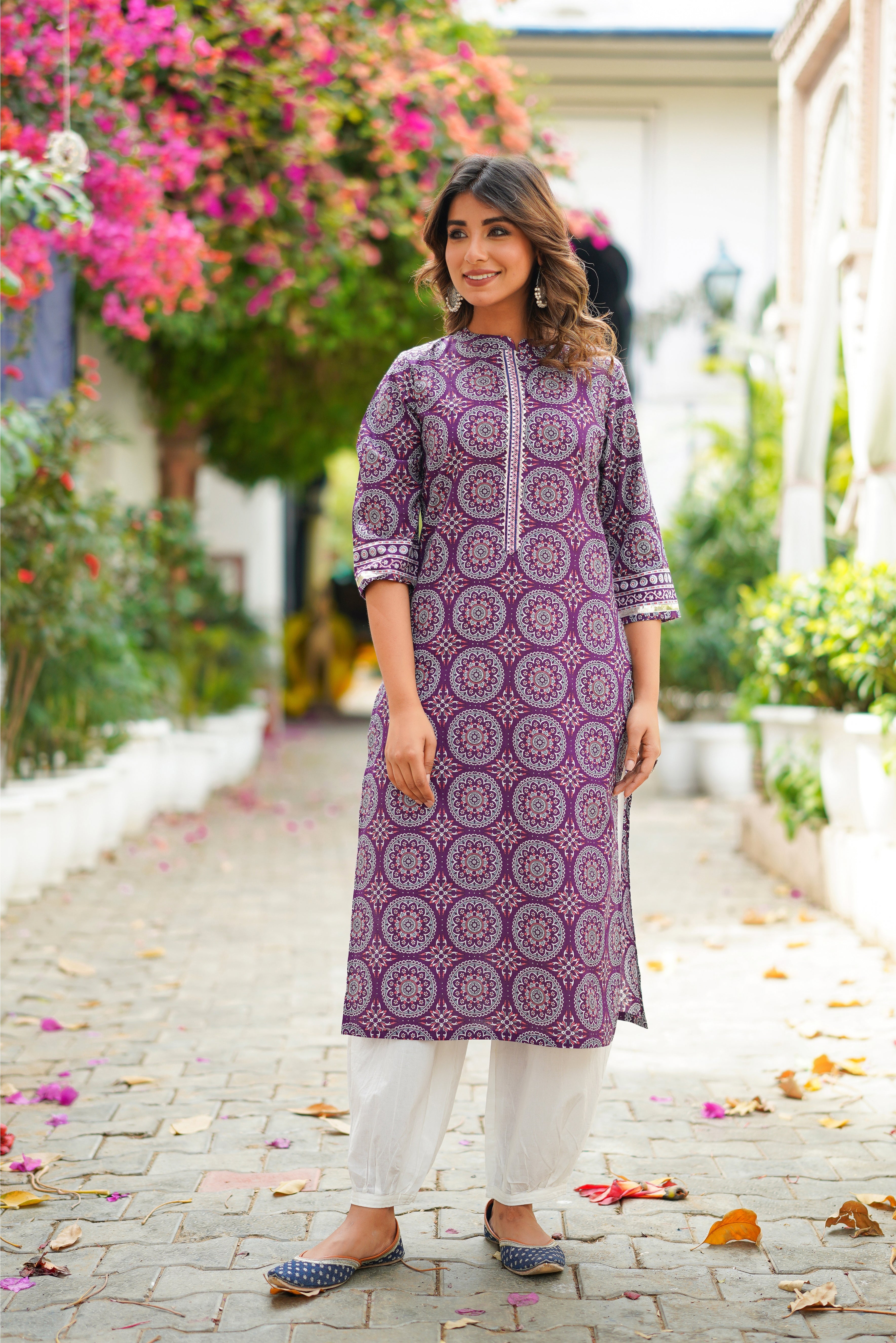 Purple Motif Printed Cotton Kurta