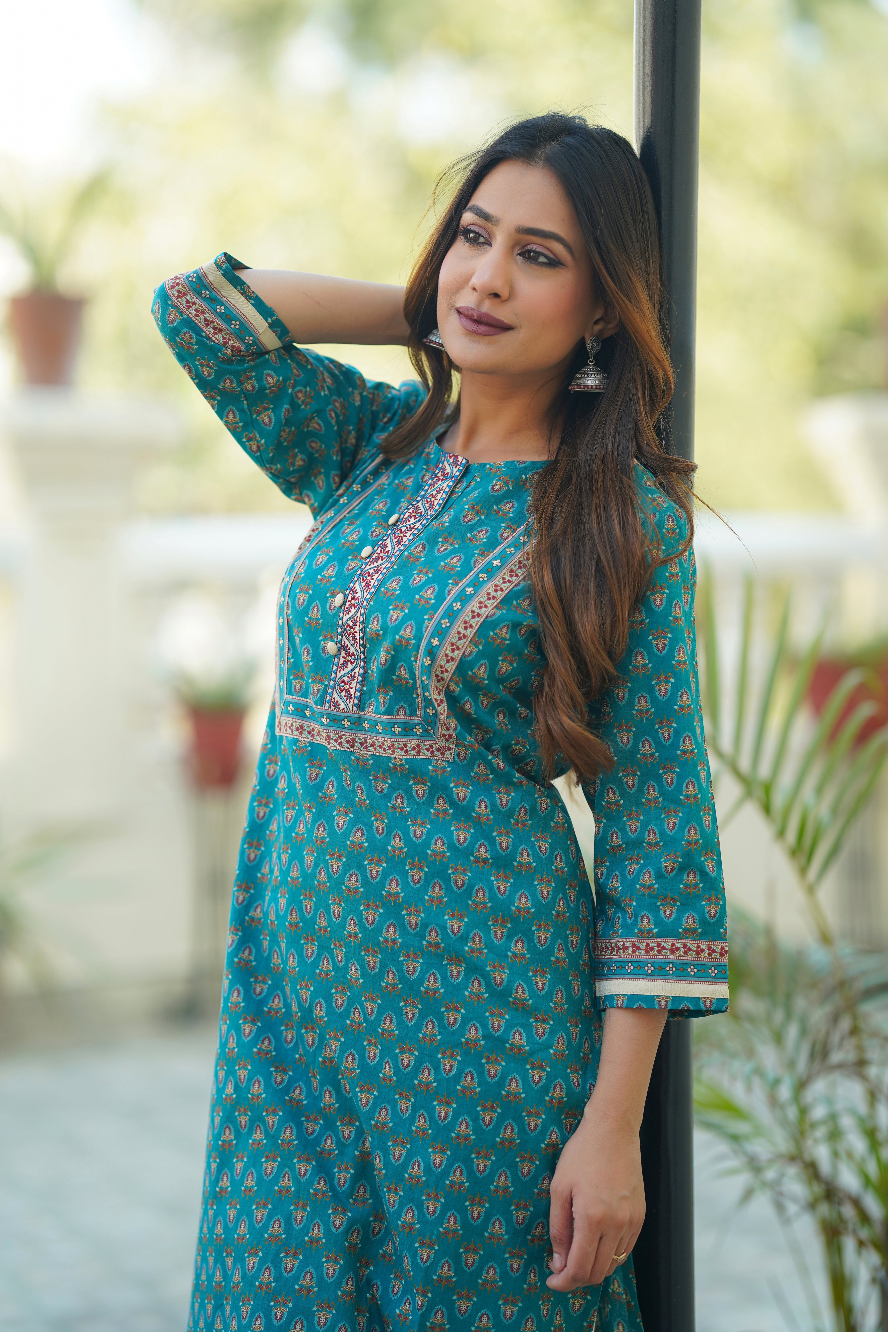 Teal Motif Printed Cotton Kurta