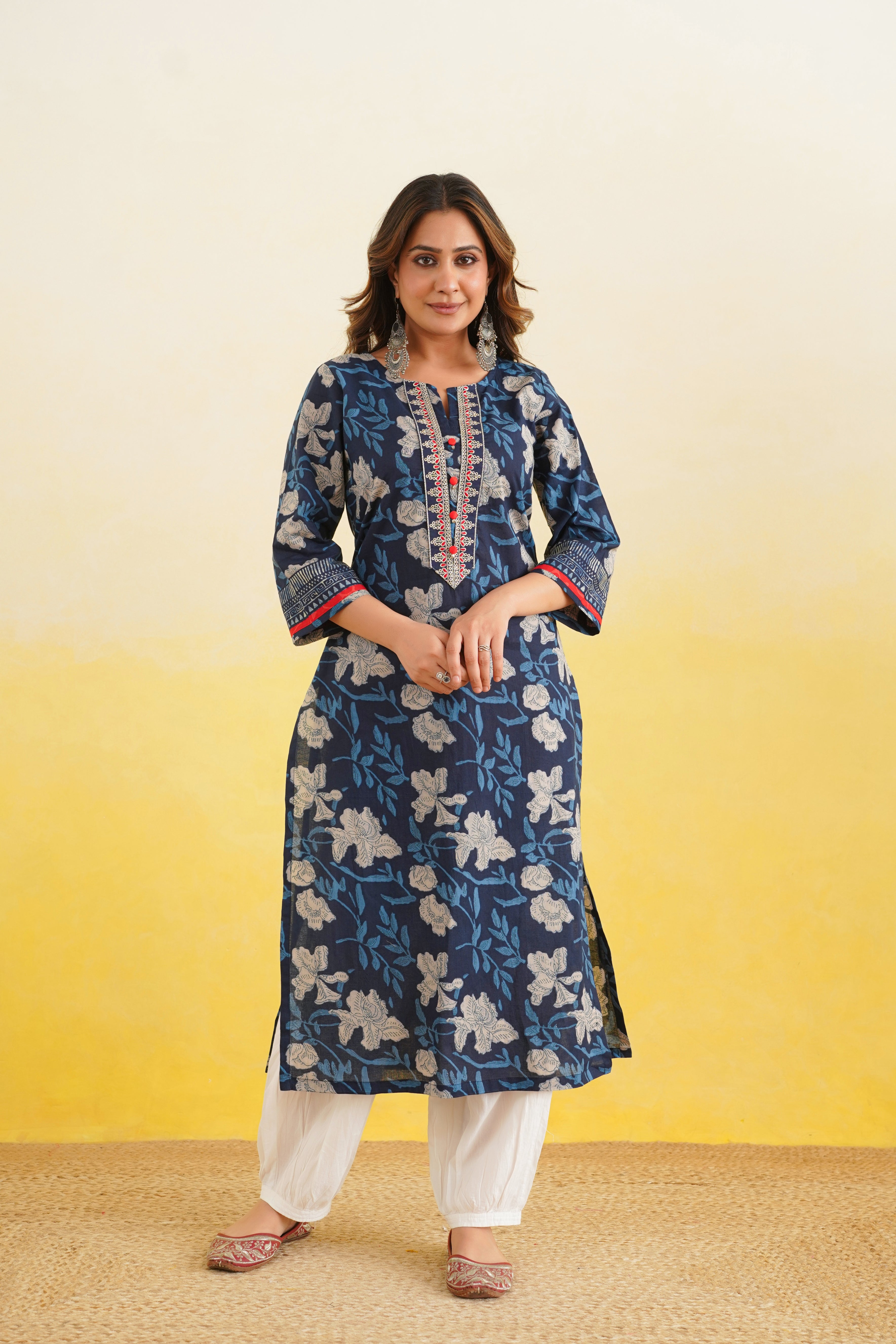 Blue Floral Printed Cotton Kurta