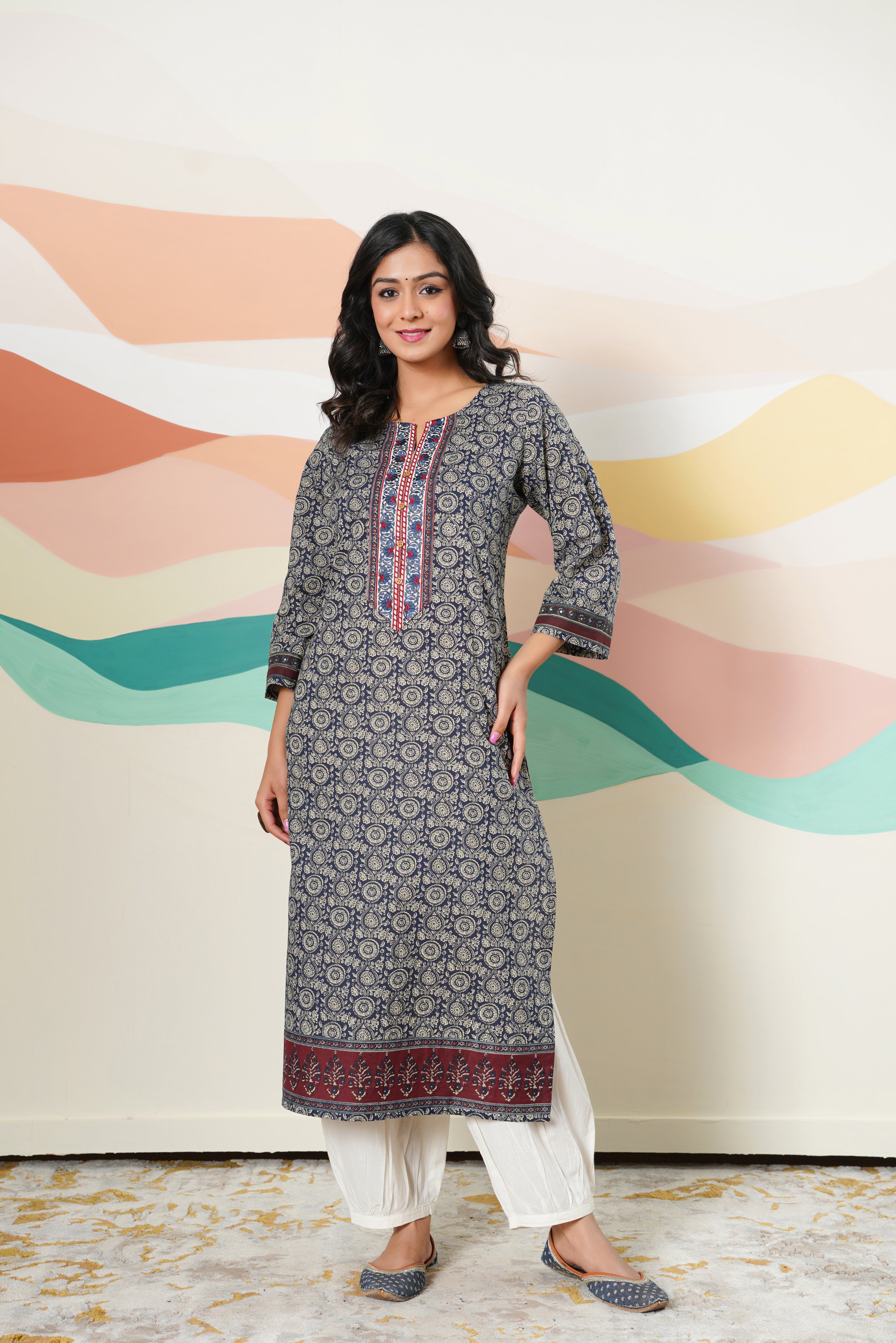 Blue Motif Printed Cotton Kurta