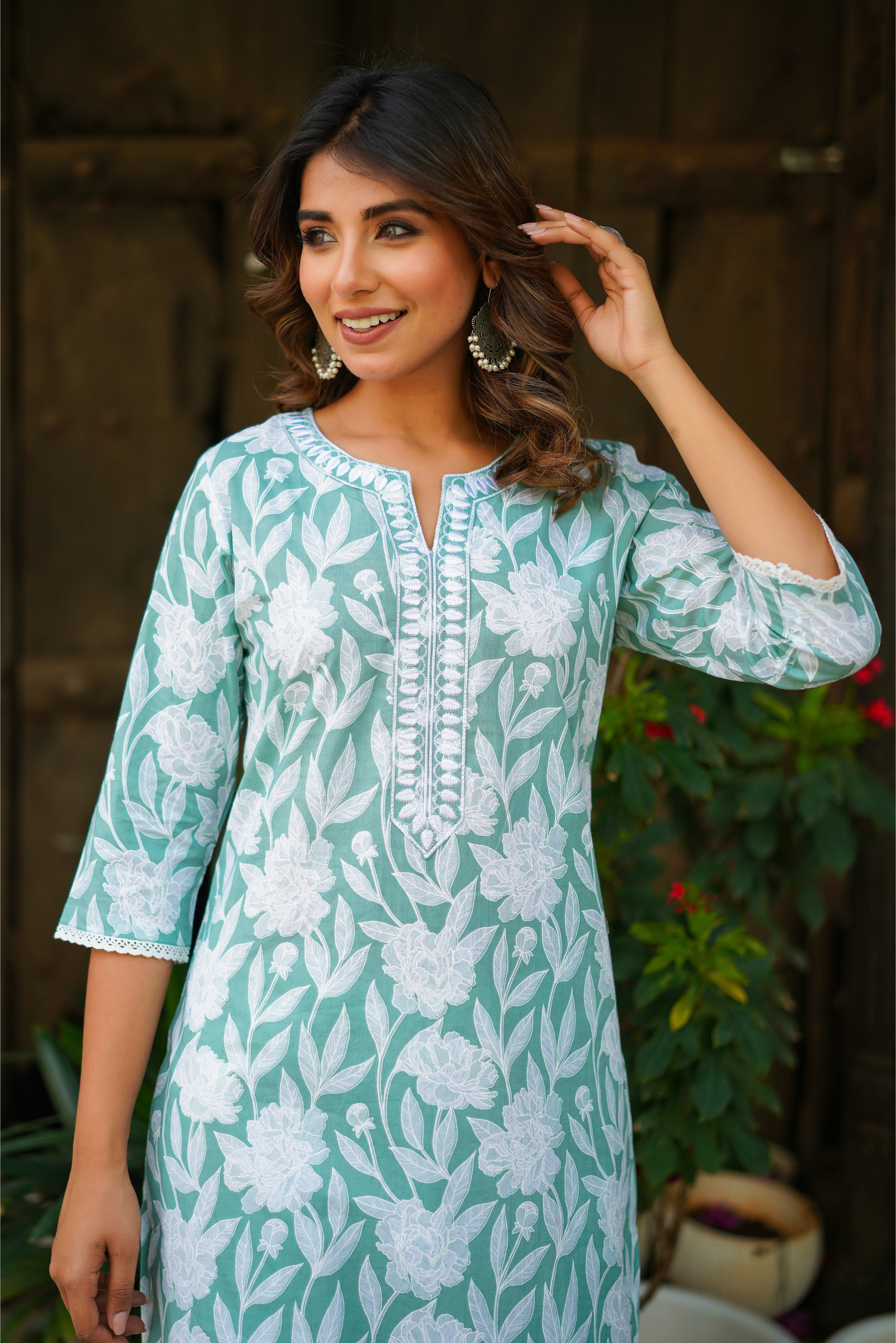 Sea Green Floral Printed Cotton Kurta