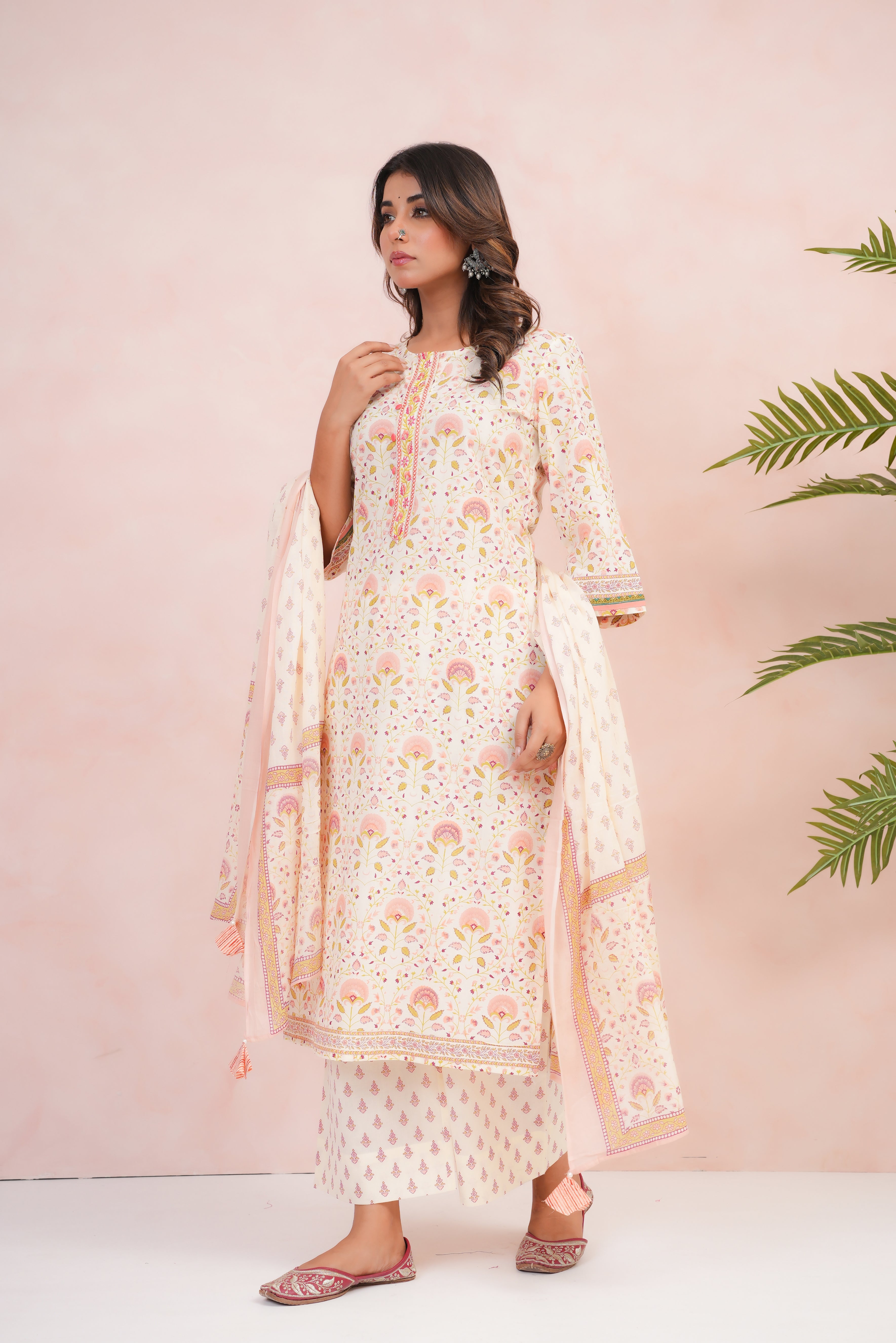 Peach Floral Printed Cotton Suit Set