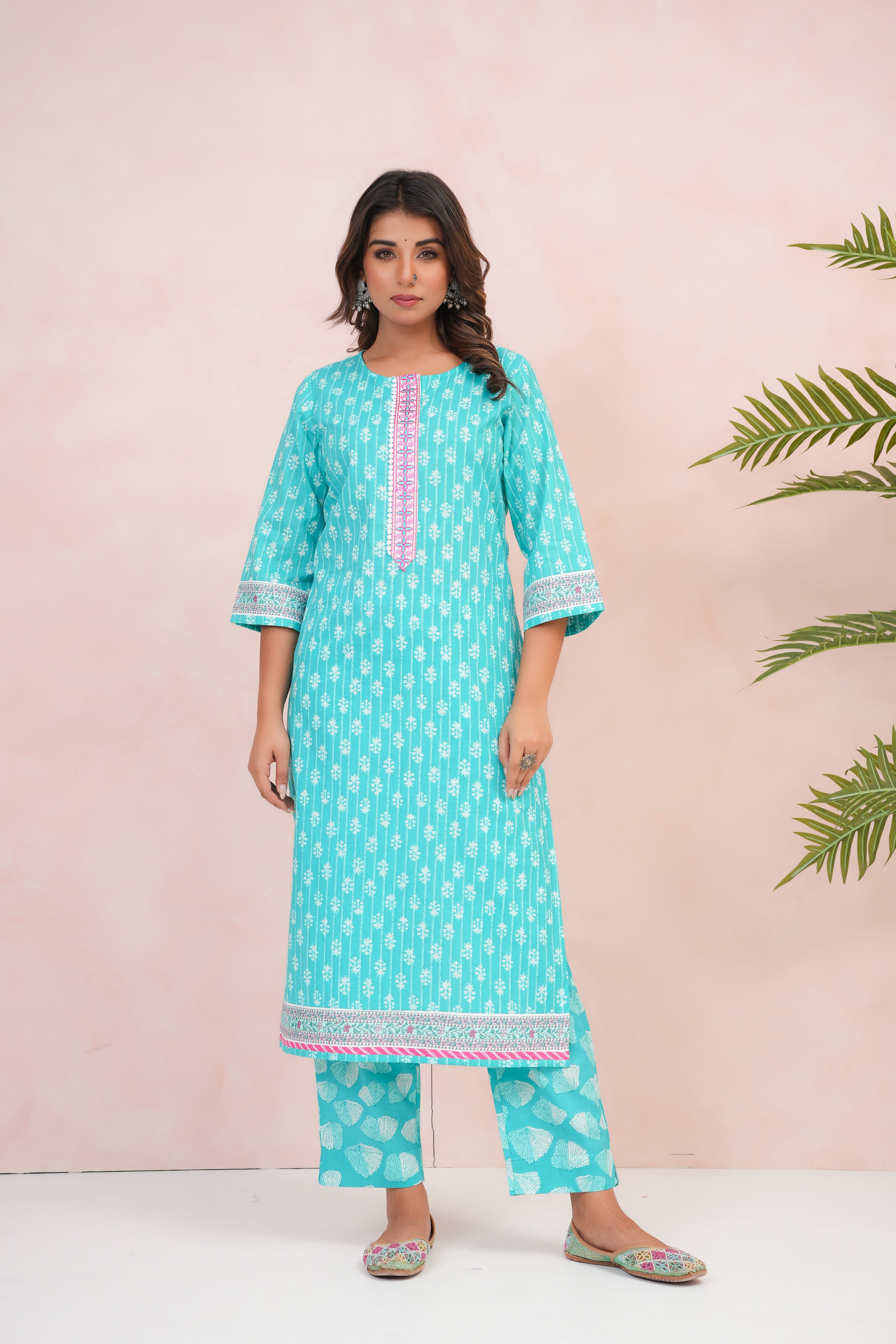 Turquoise Motif Printed Cotton Suit Set