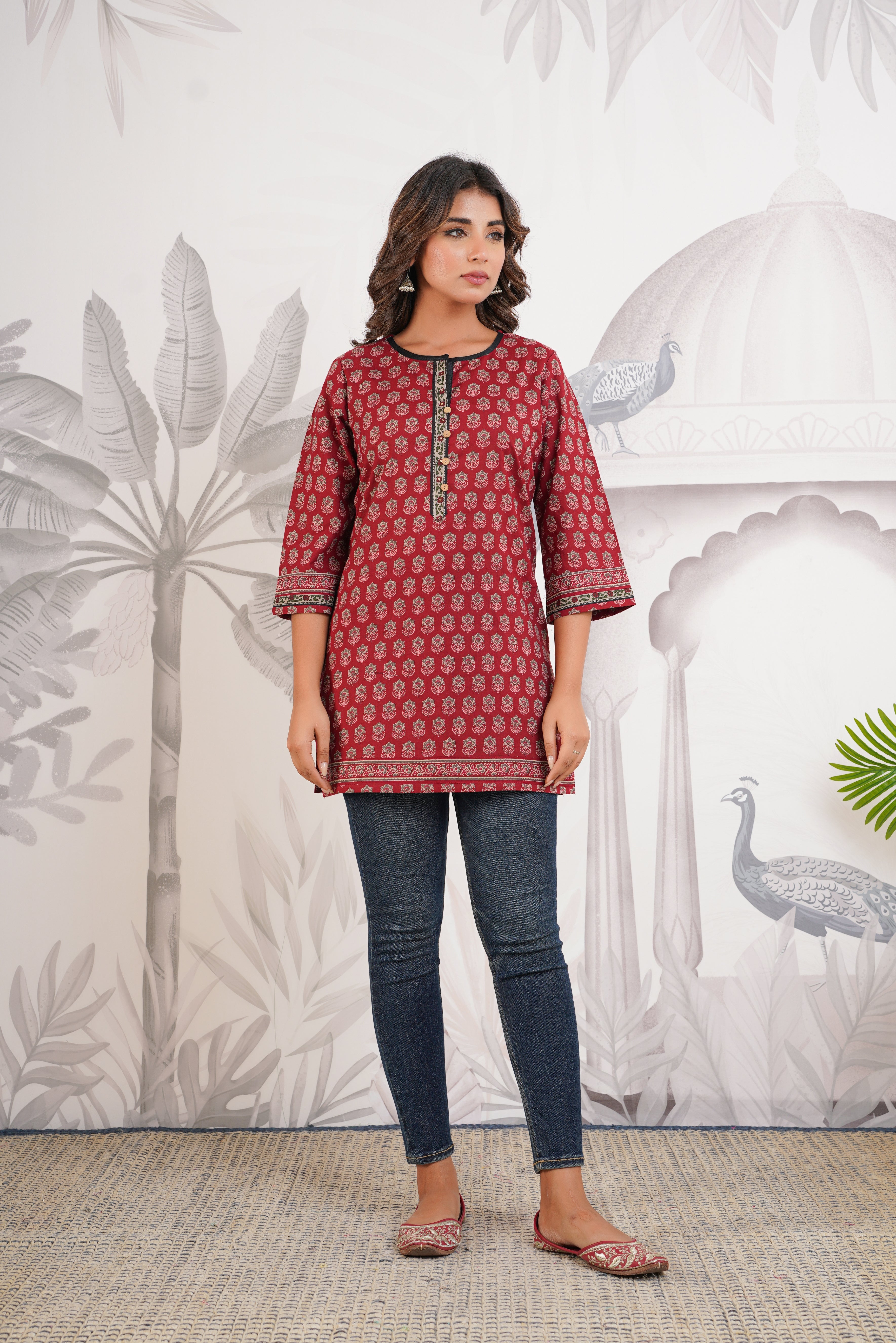 Maroon Motif Printed Cotton Kurti