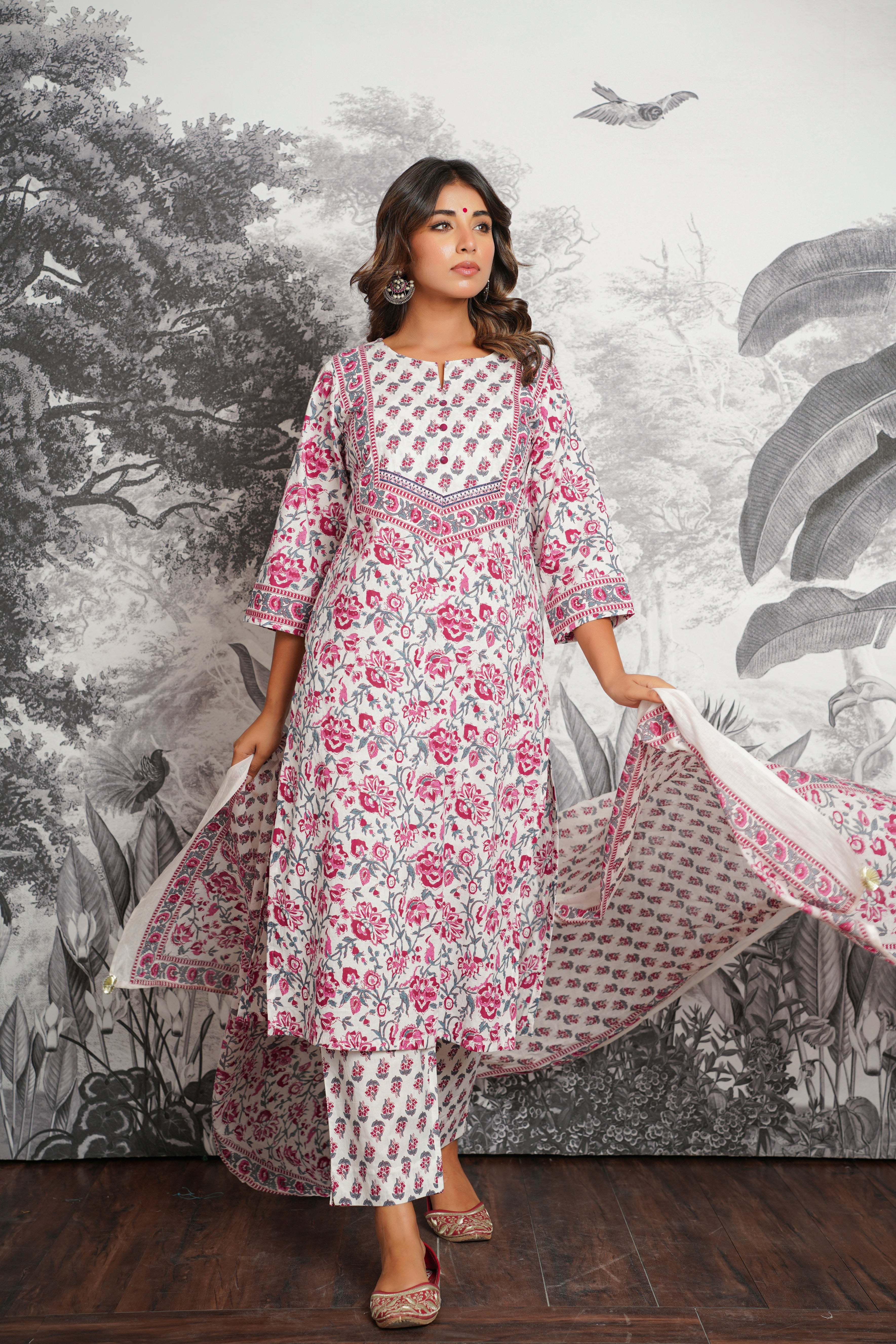 White Floral Printed Cotton Suit Set