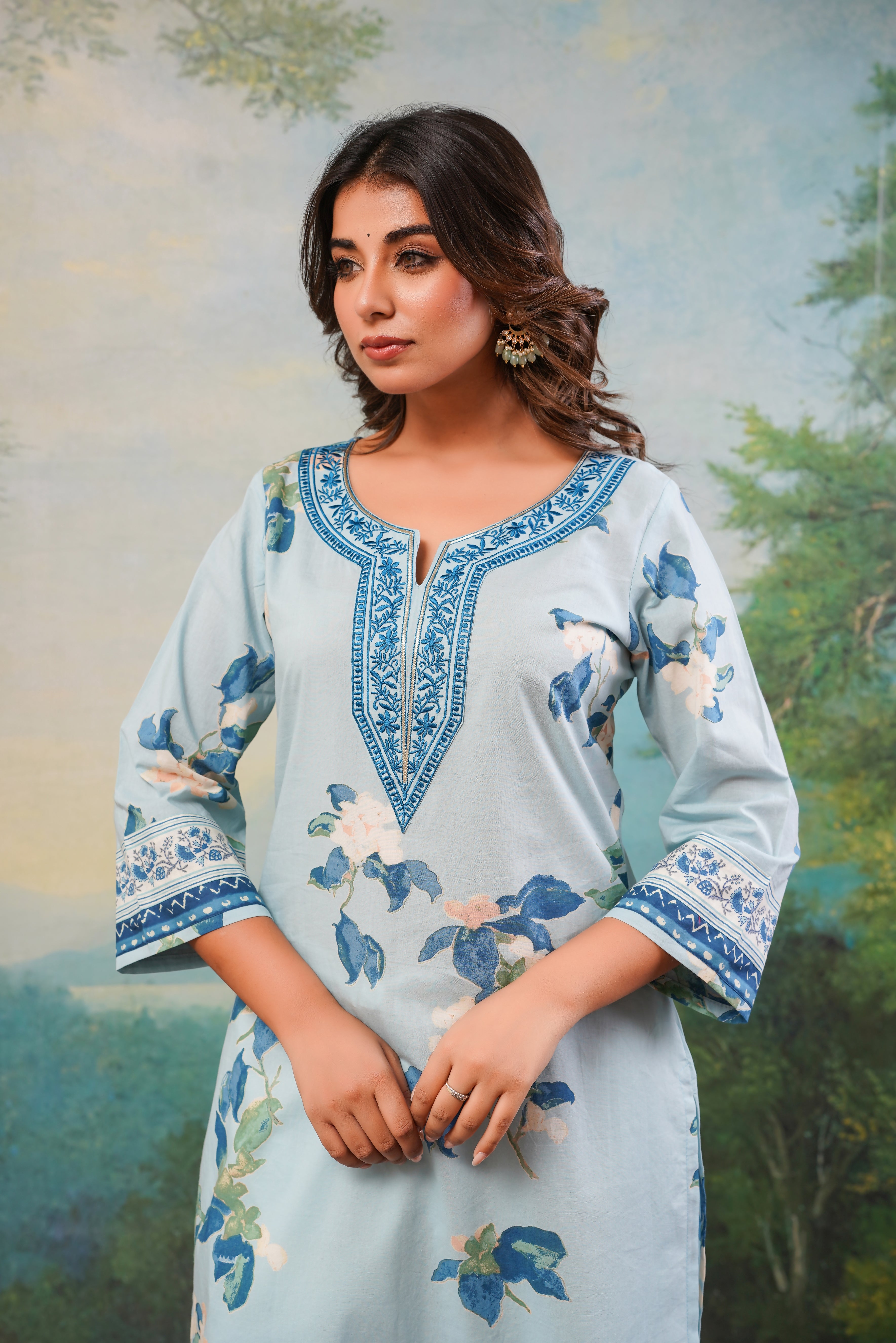 Blue Floral Printed Cotton Kurta