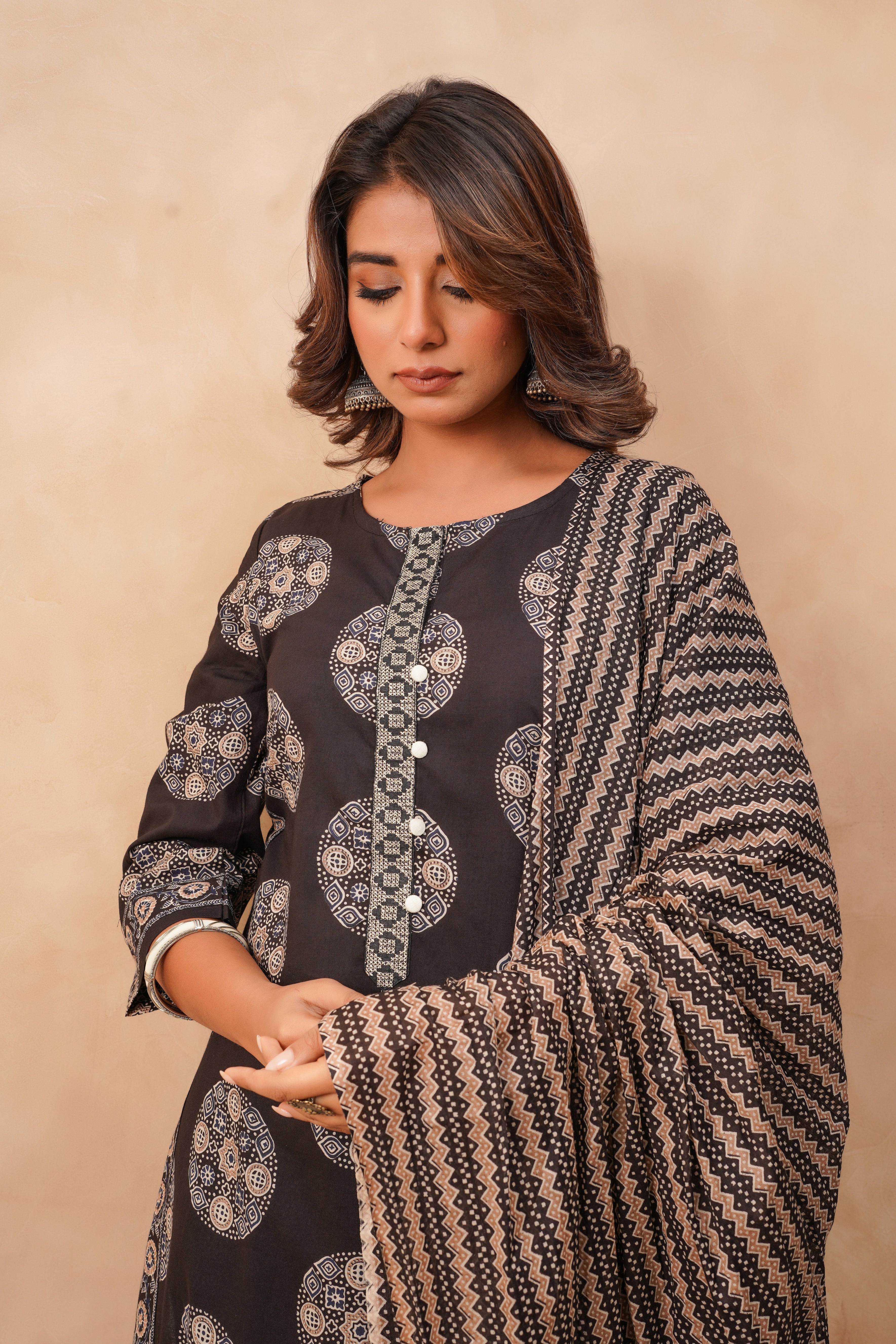 Black Geometric Printed Cotton Suit Set