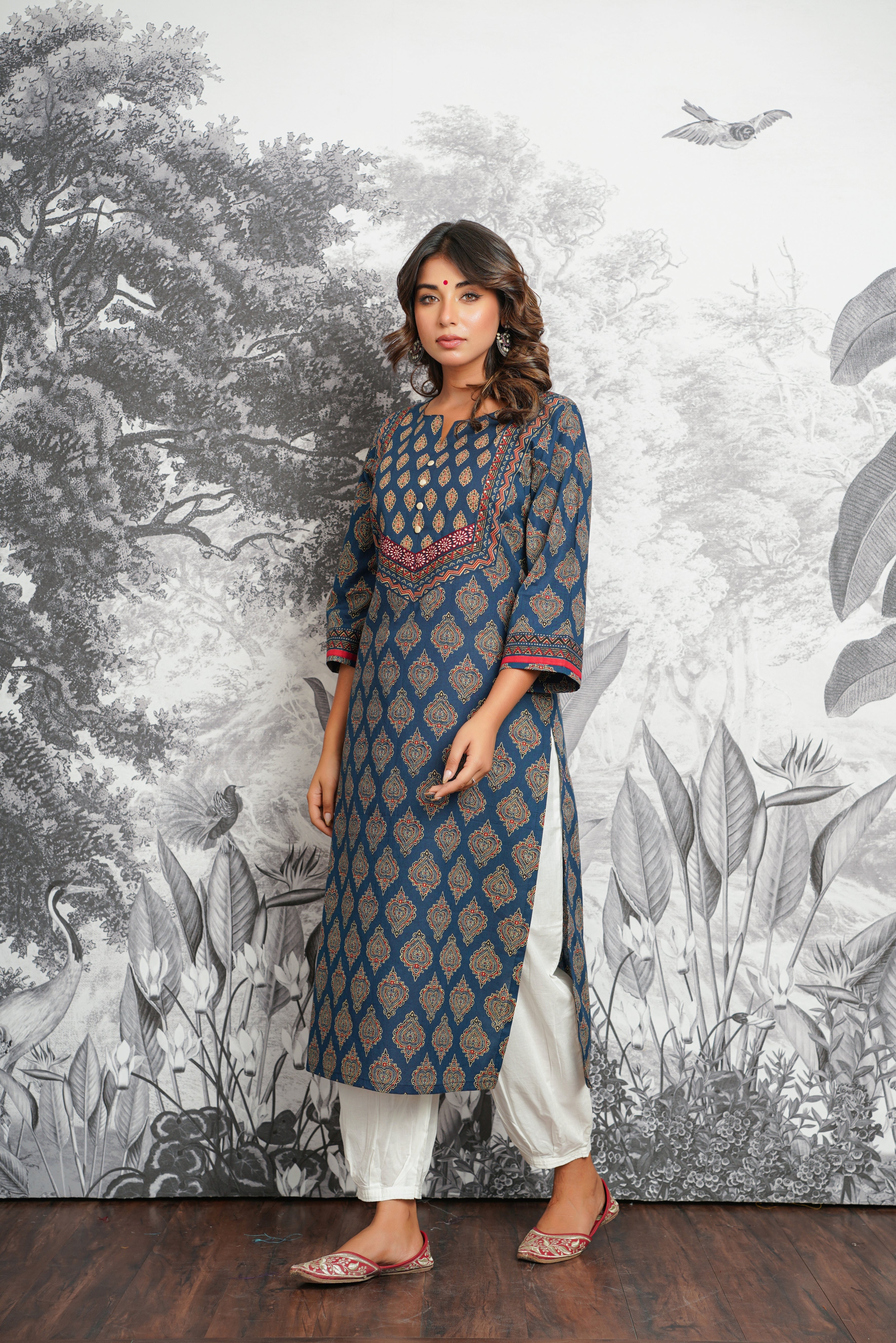 Blue Motif Printed Cotton Kurta