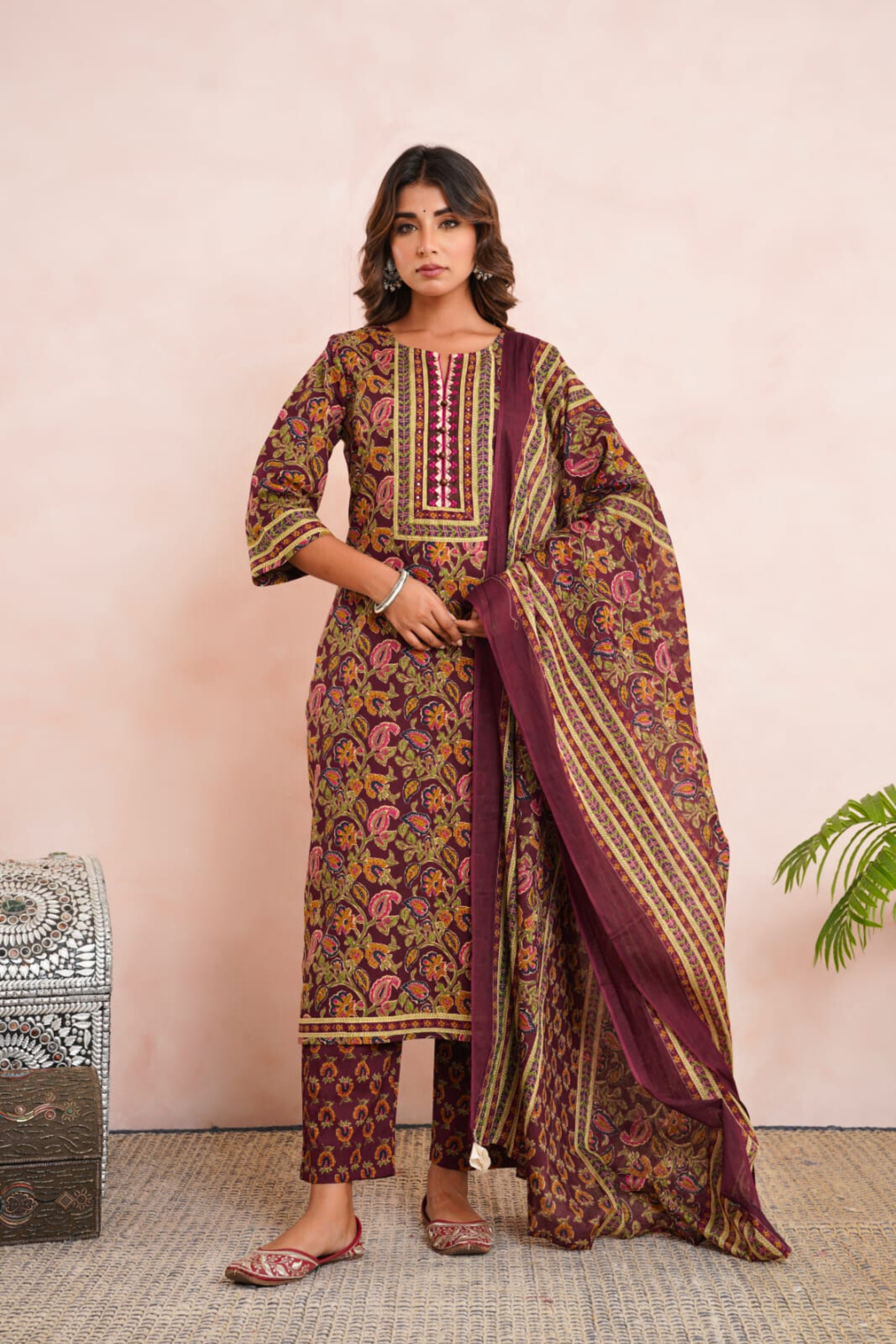 Maroon Floral Printed Cotton Suit Set