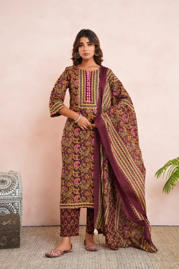 Maroon Floral Printed Cotton Suit Set
