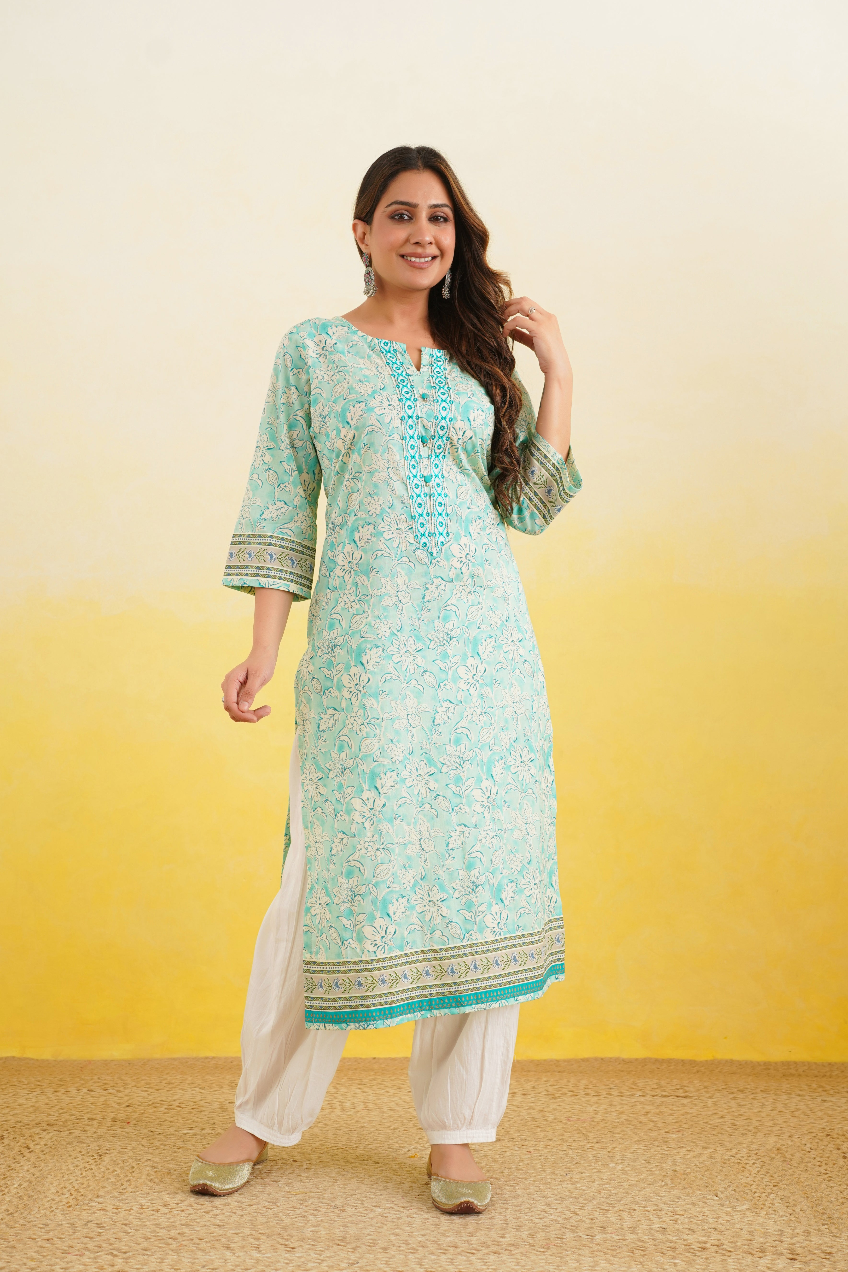 Turquoise Floral Printed Cotton Kurta