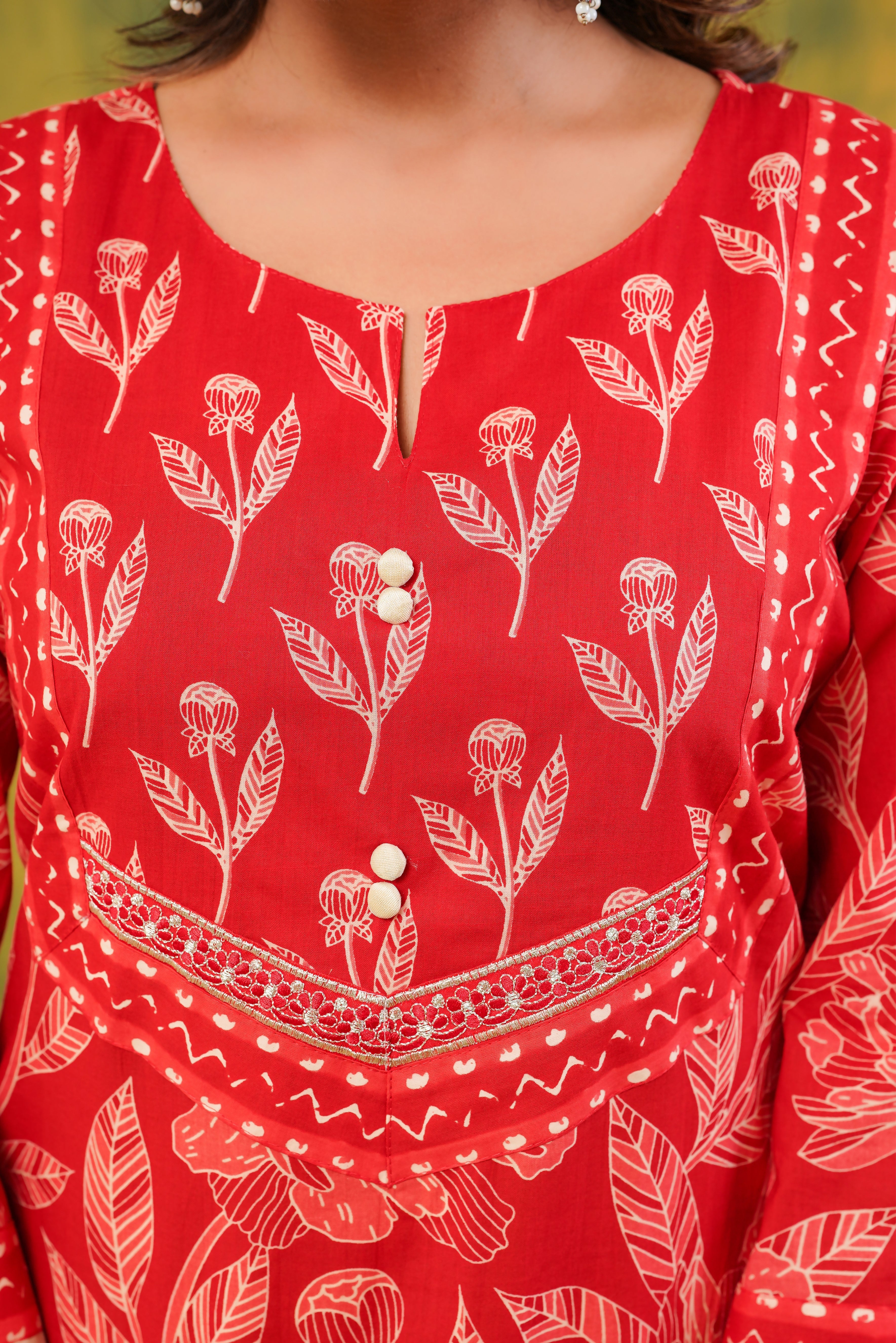 Red Floral Cotton Printed Kurta