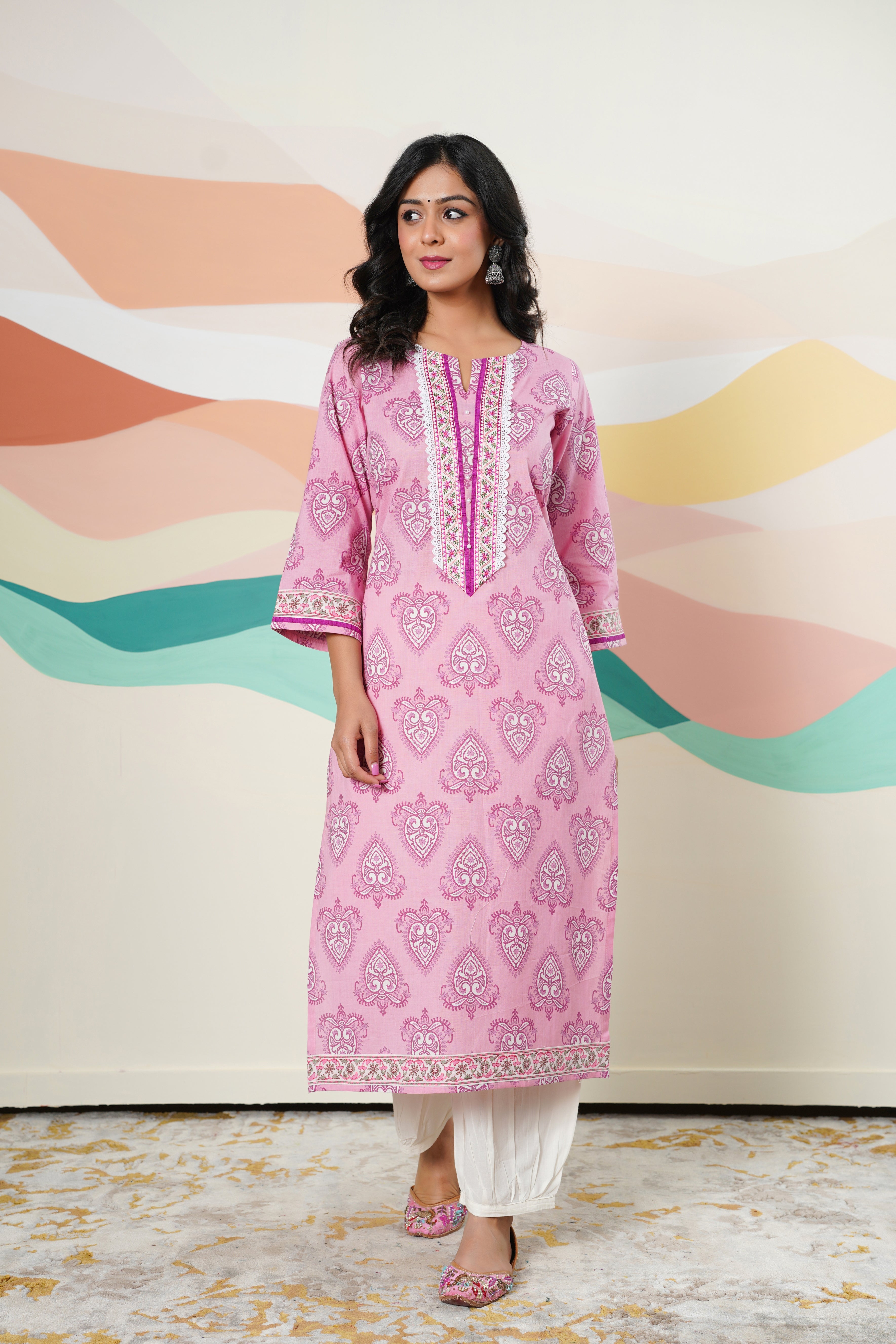 Pink Motif Printed Cotton Kurta
