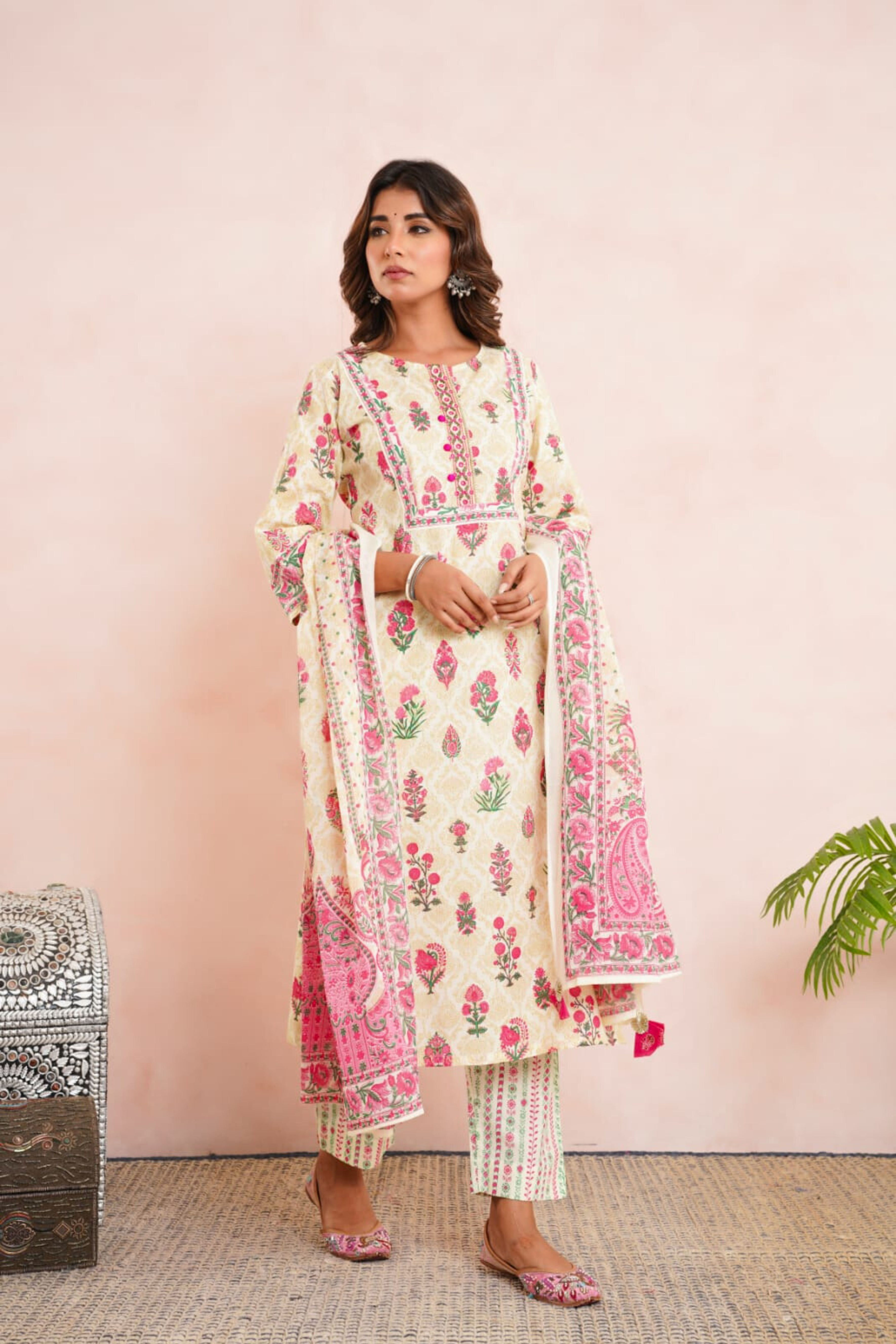 Pink Floral Printed Cotton Suit Set
