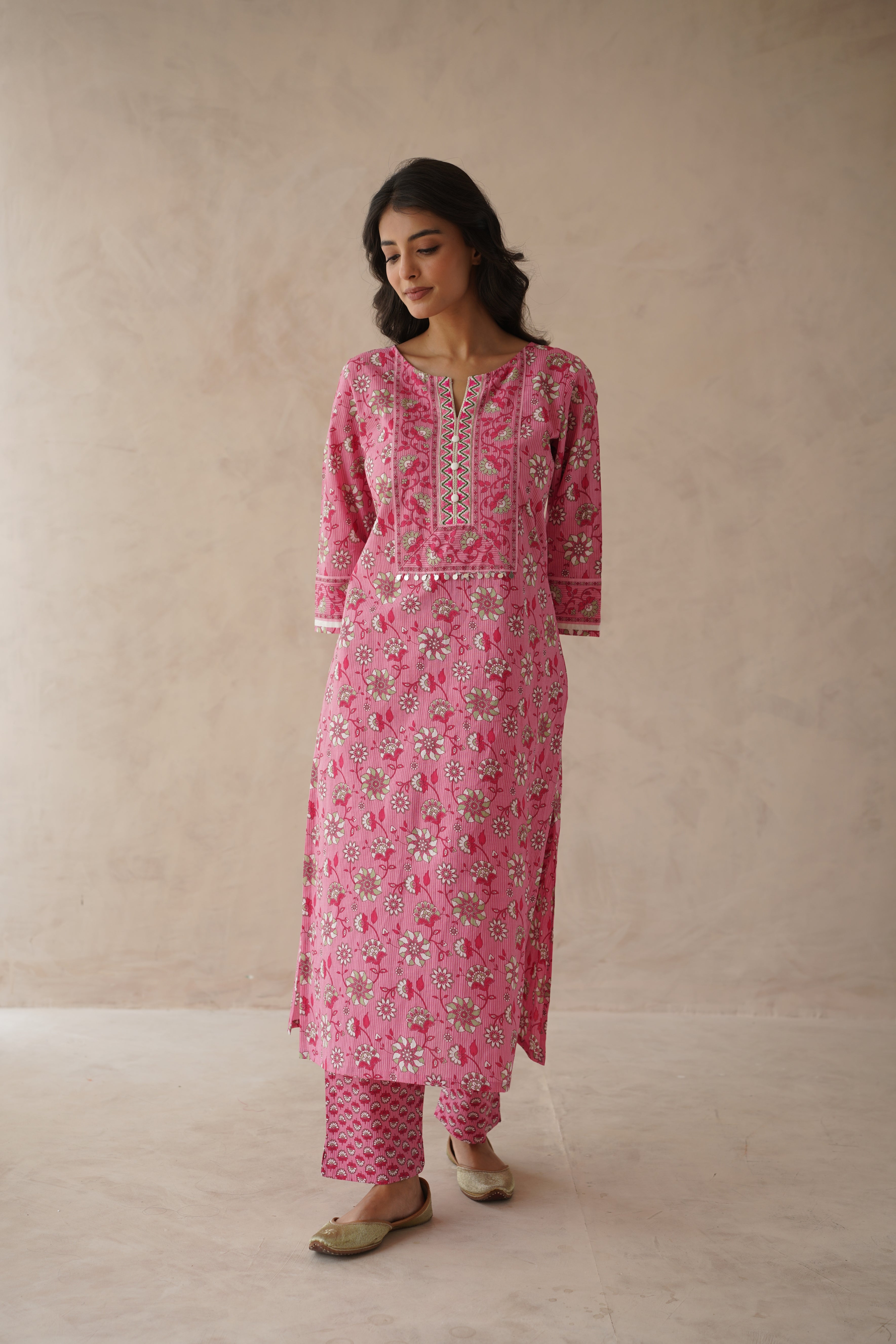 Pink Floral Cotton Suit Set