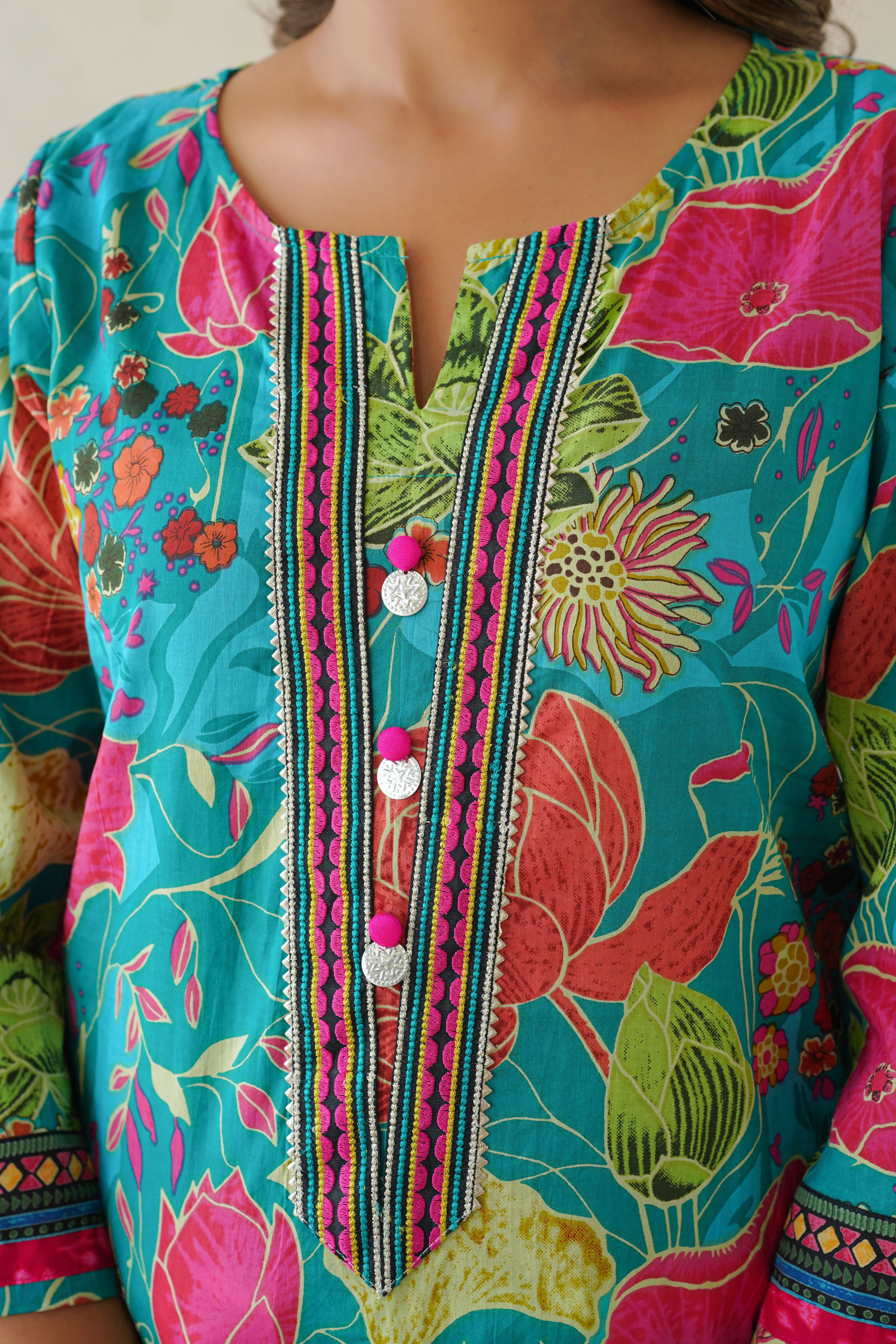 Firozi Multi Floral Cotton Printed Kurta