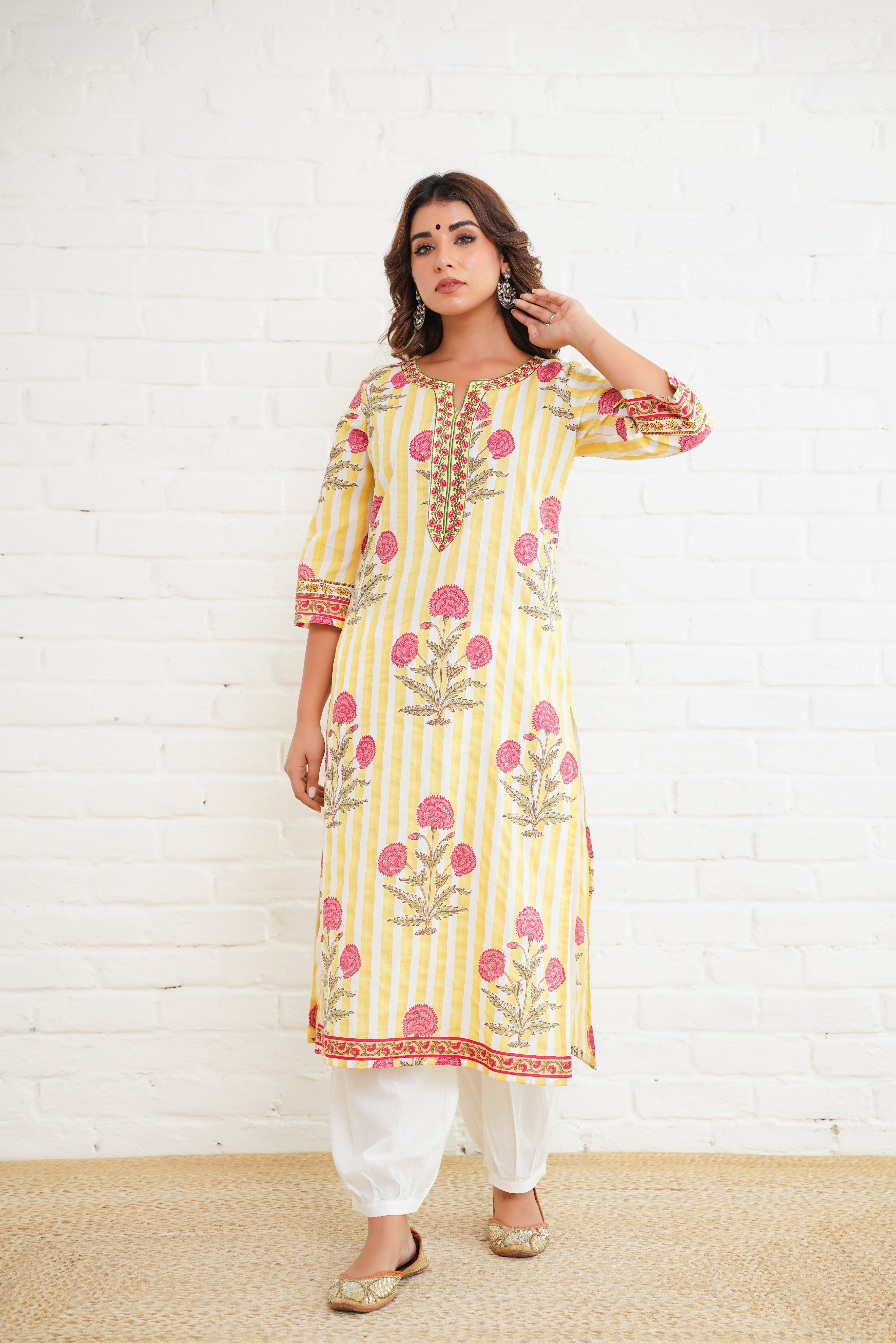 Yellow Stripe Printed Cotton Kurta