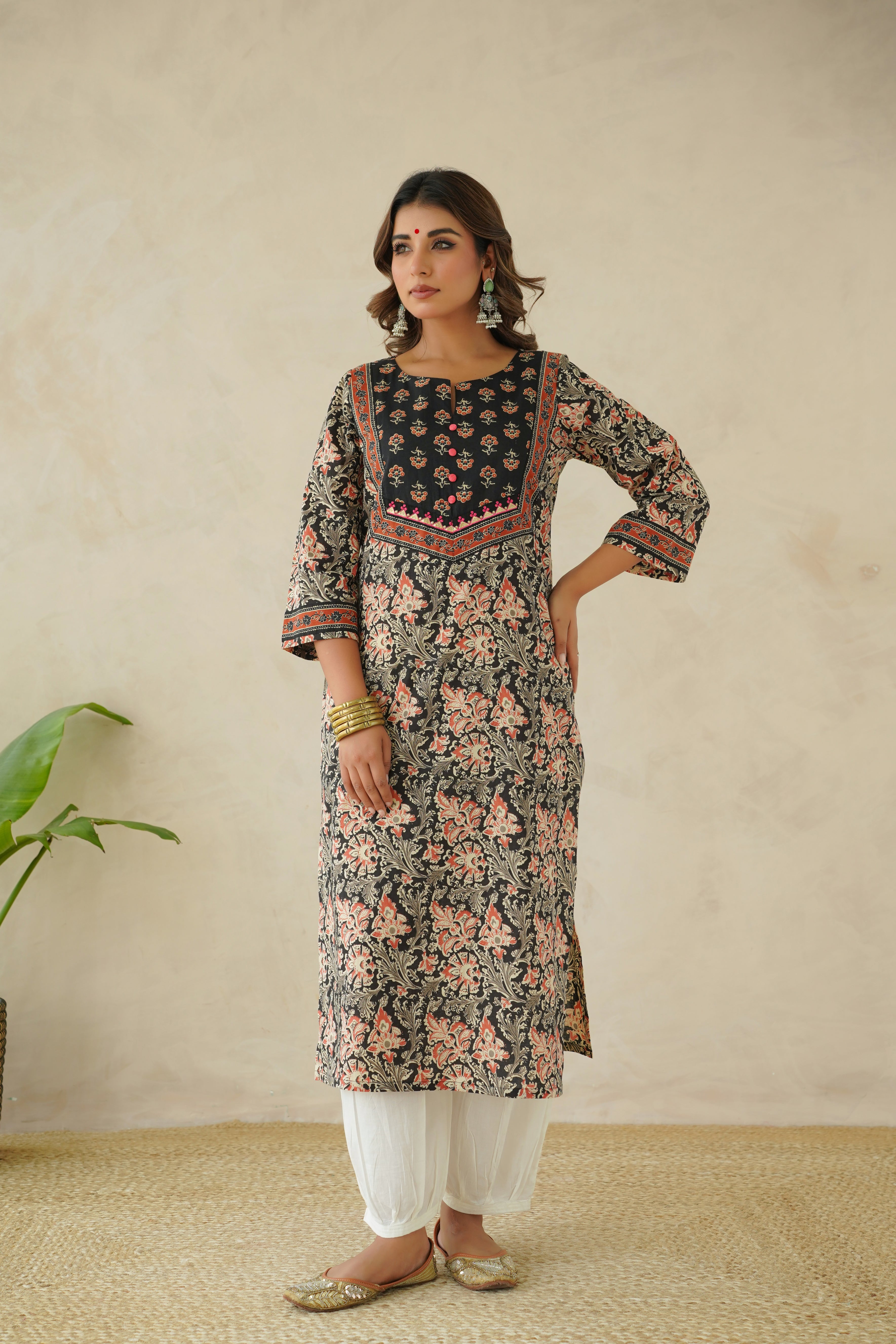 Black Floral Cotton Printed Kurta