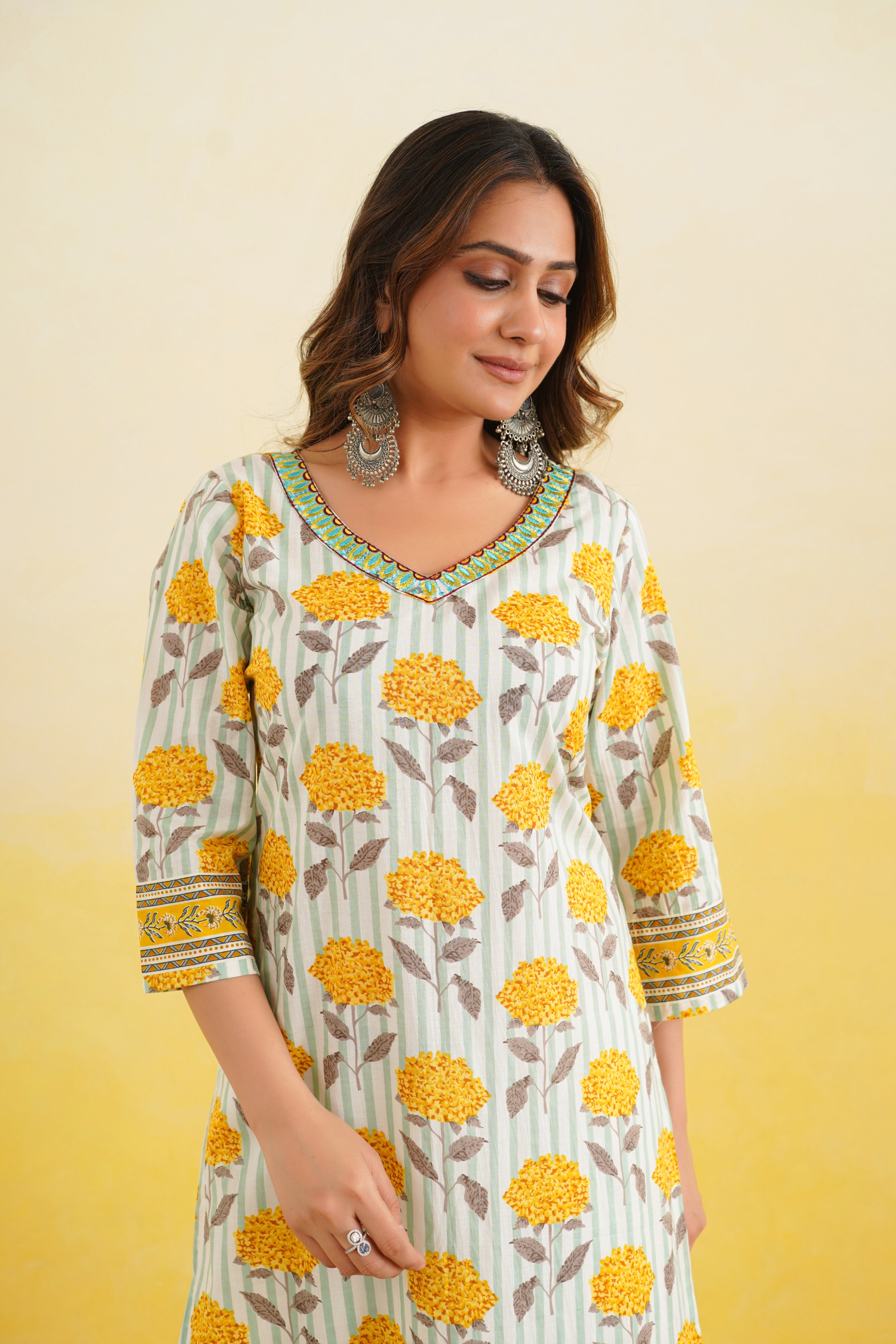 Yellow Floral Printed Cotton Kurta