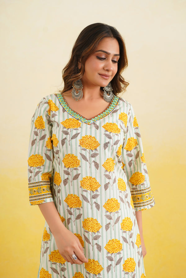 Yellow Floral Printed Cotton Kurta