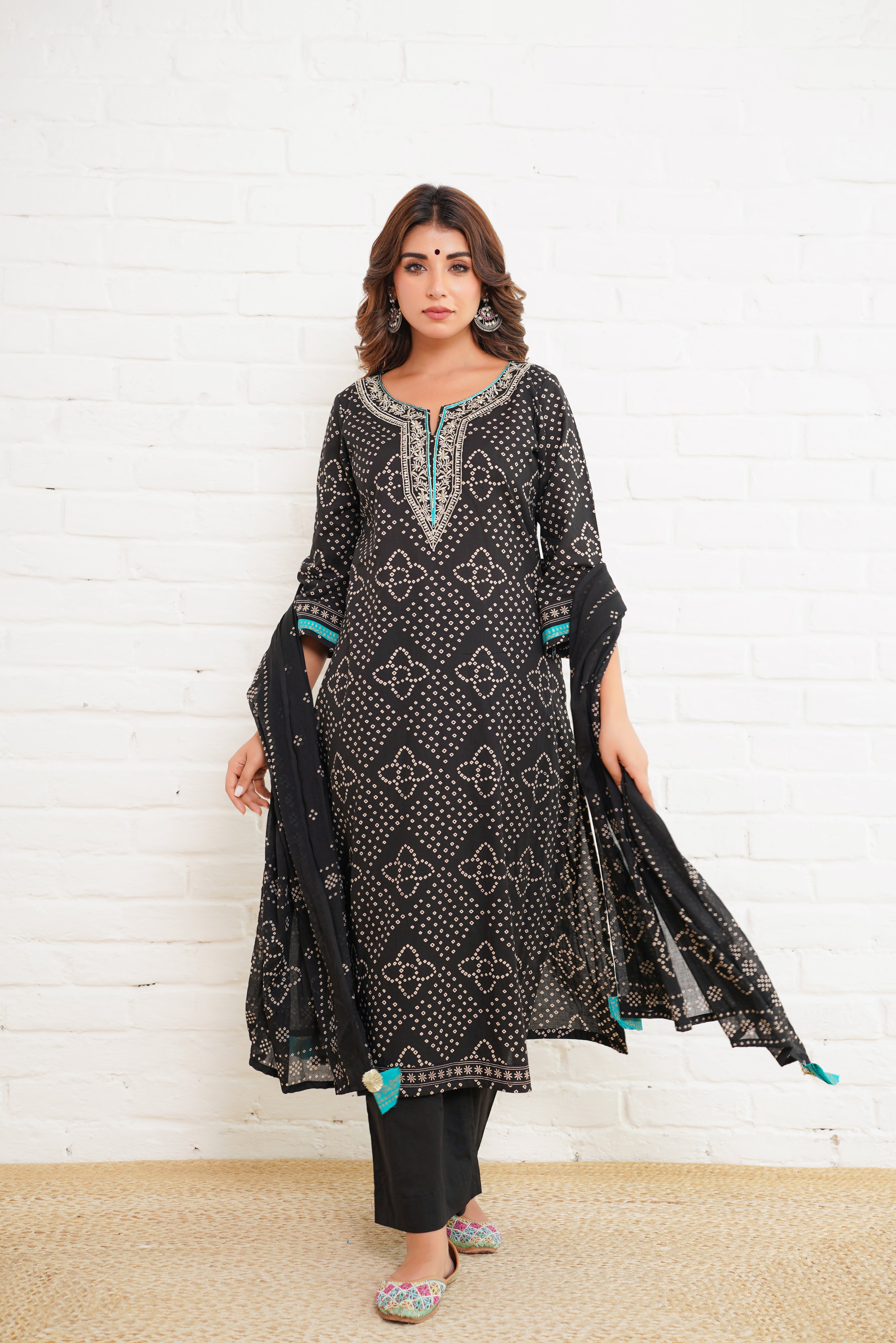 Black Bhandej Cotton Suit Set