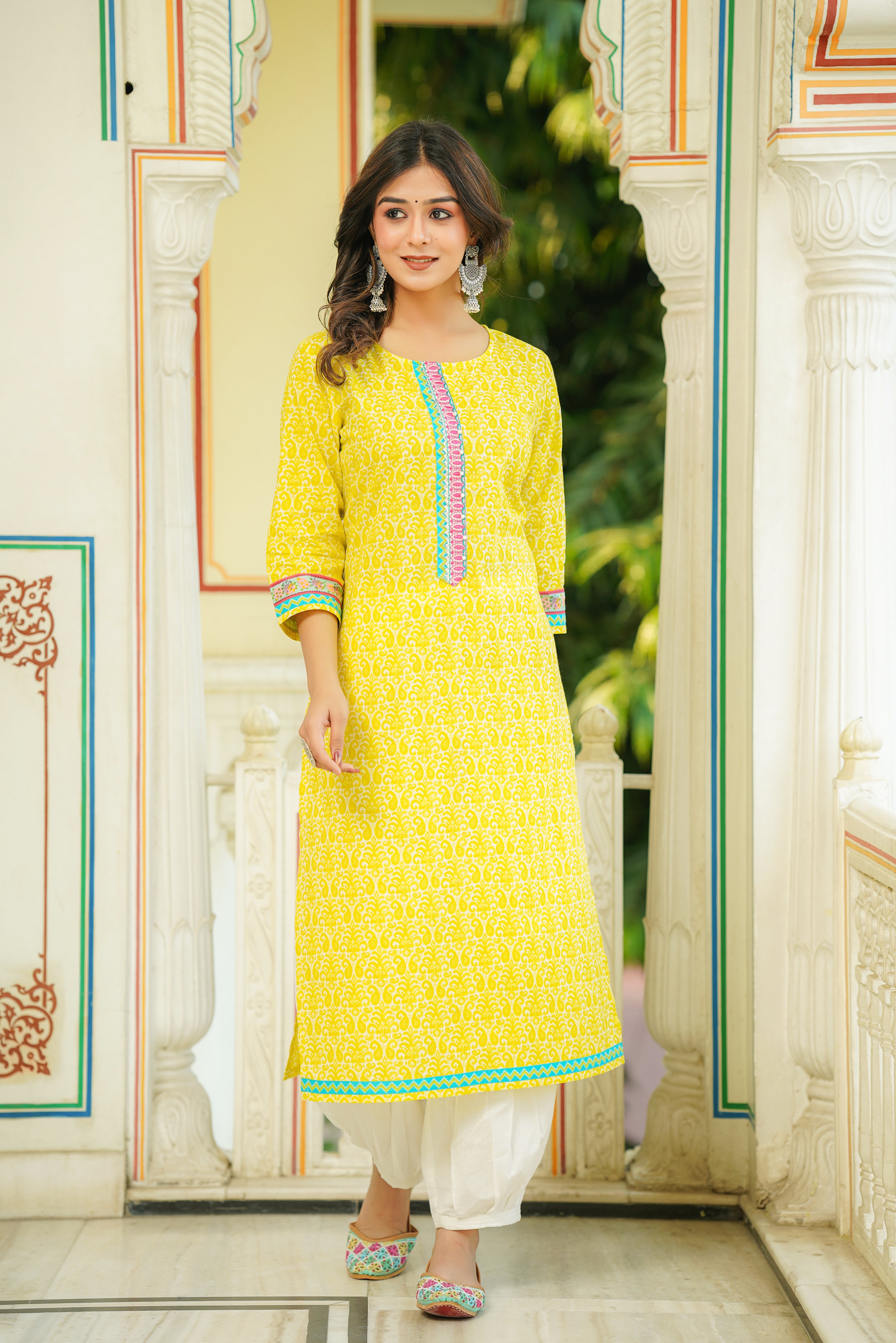 Yellow Motif Printed Cotton Kurta