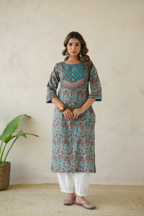 Blue Floral Cotton Printed Kurta