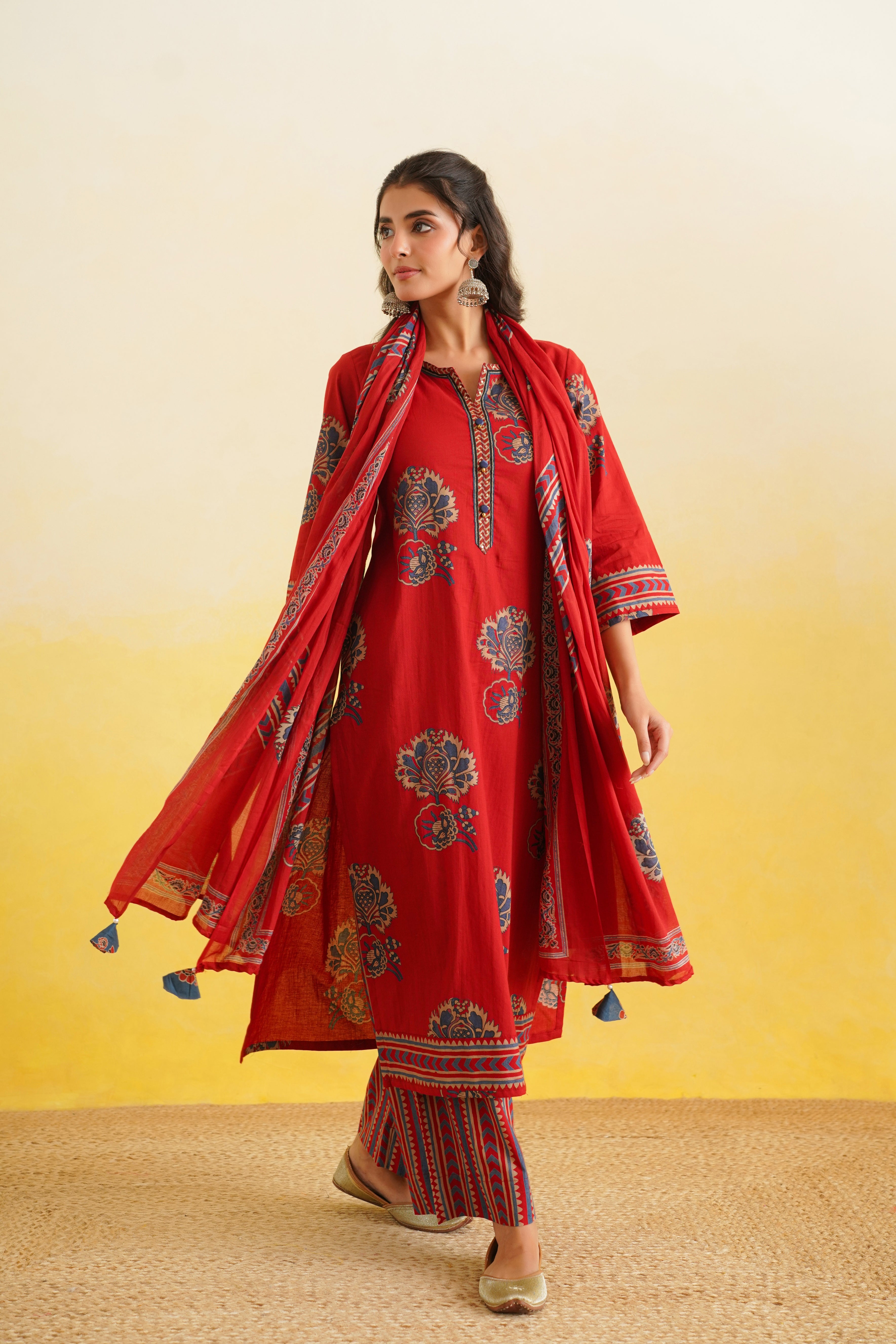 Maroon Motif Printed Cotton Suit Set