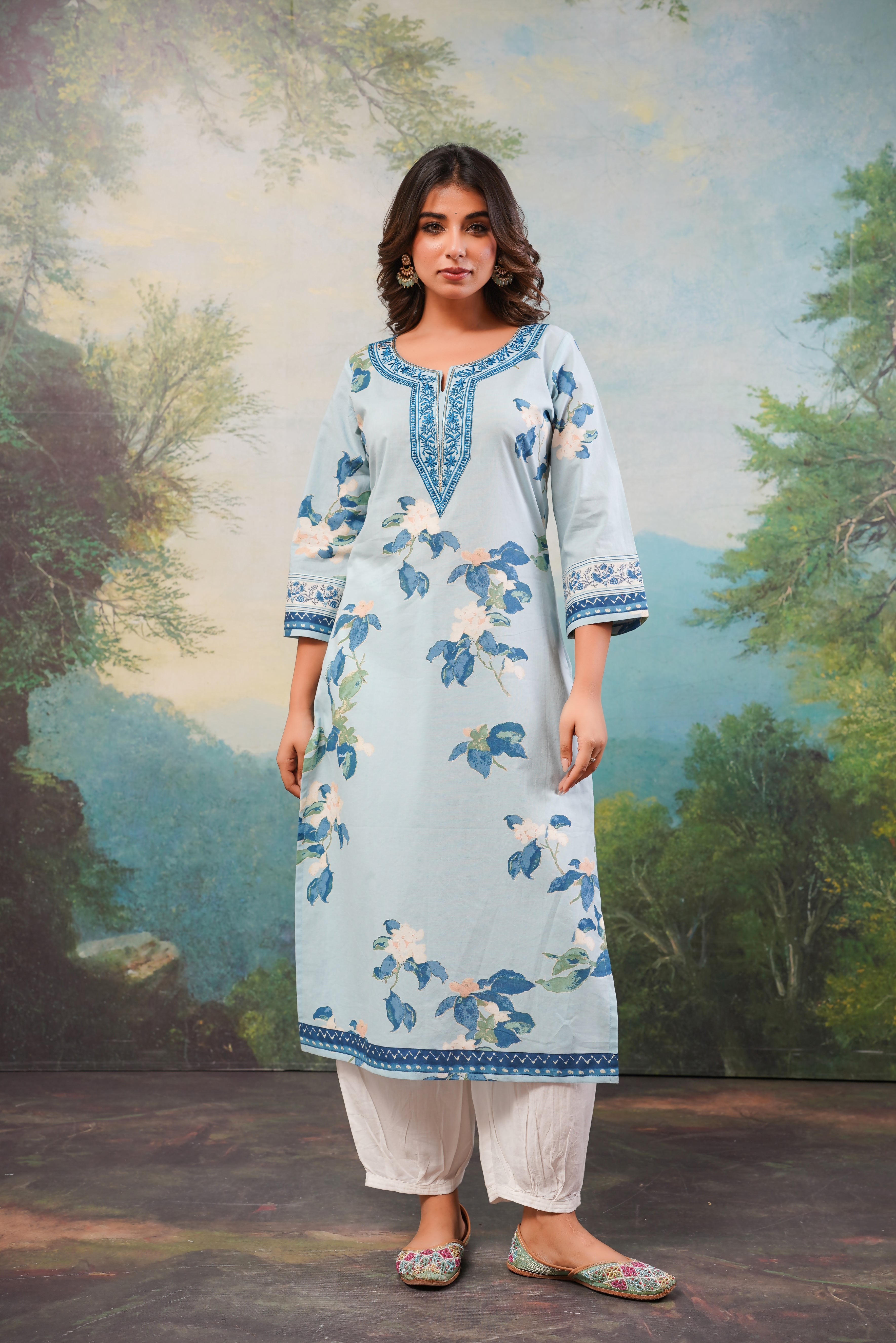 Blue Floral Printed Cotton Kurta