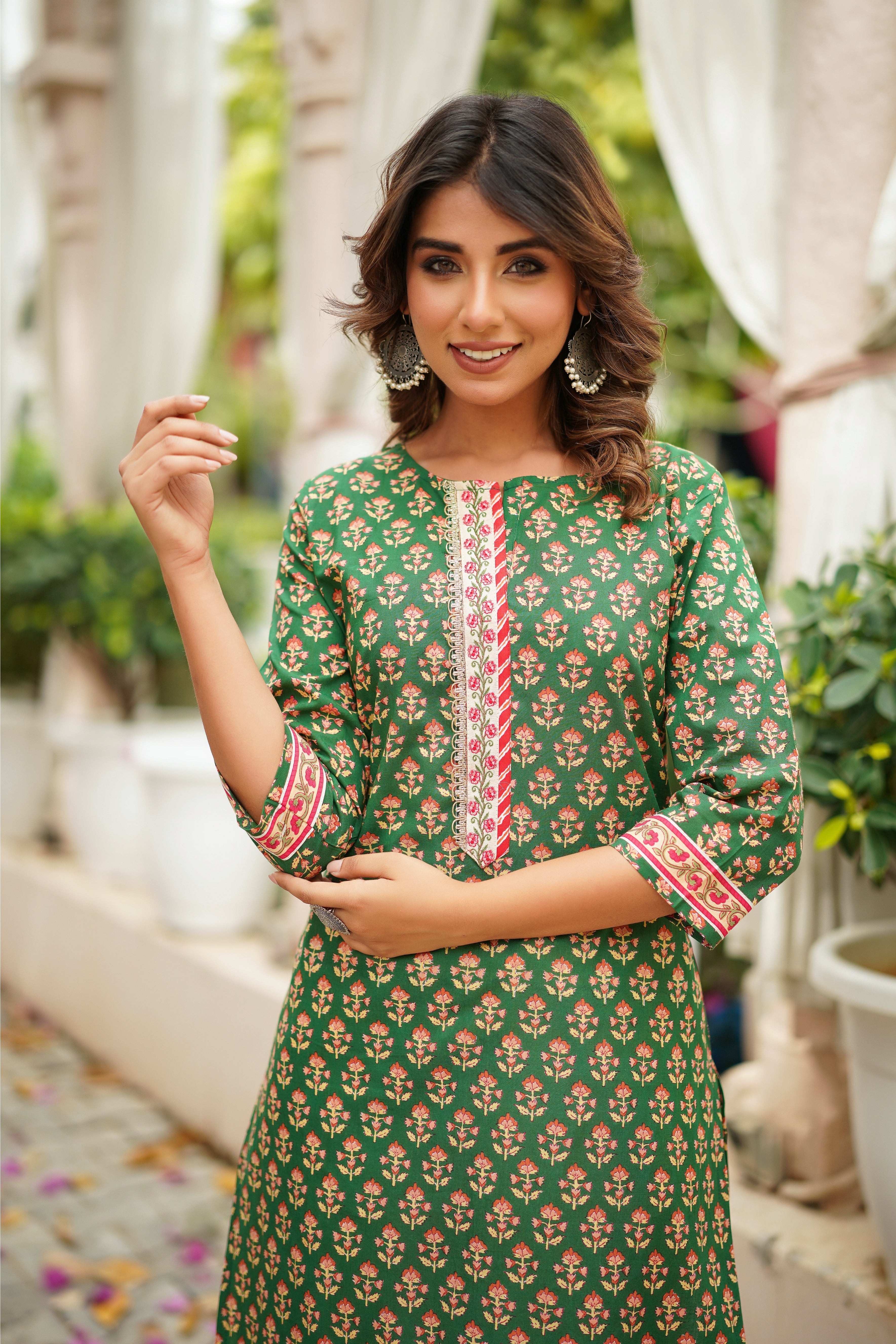 Green Motif Printed Cotton Kurta