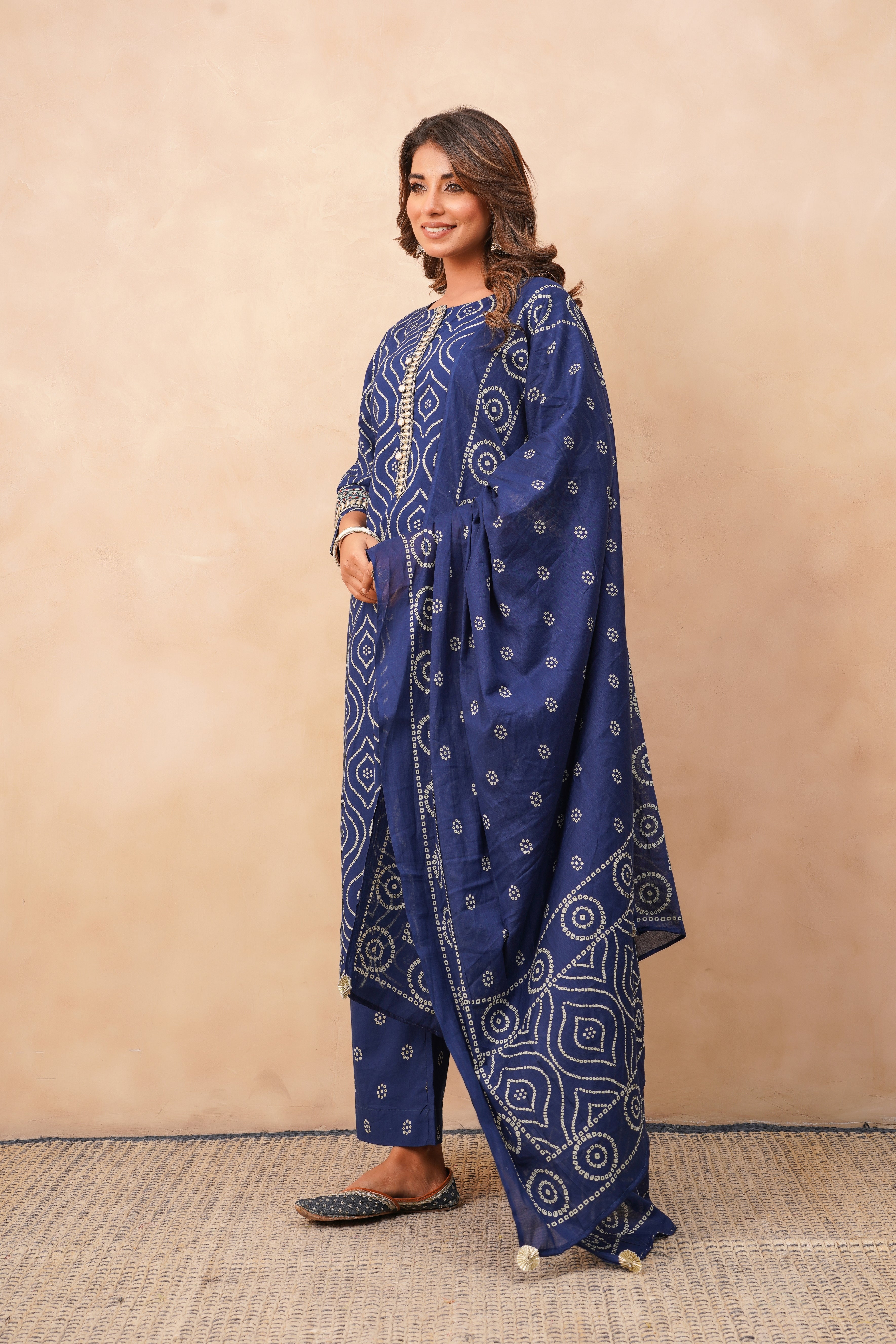Blue Bhandej Printed Cotton Suit Set