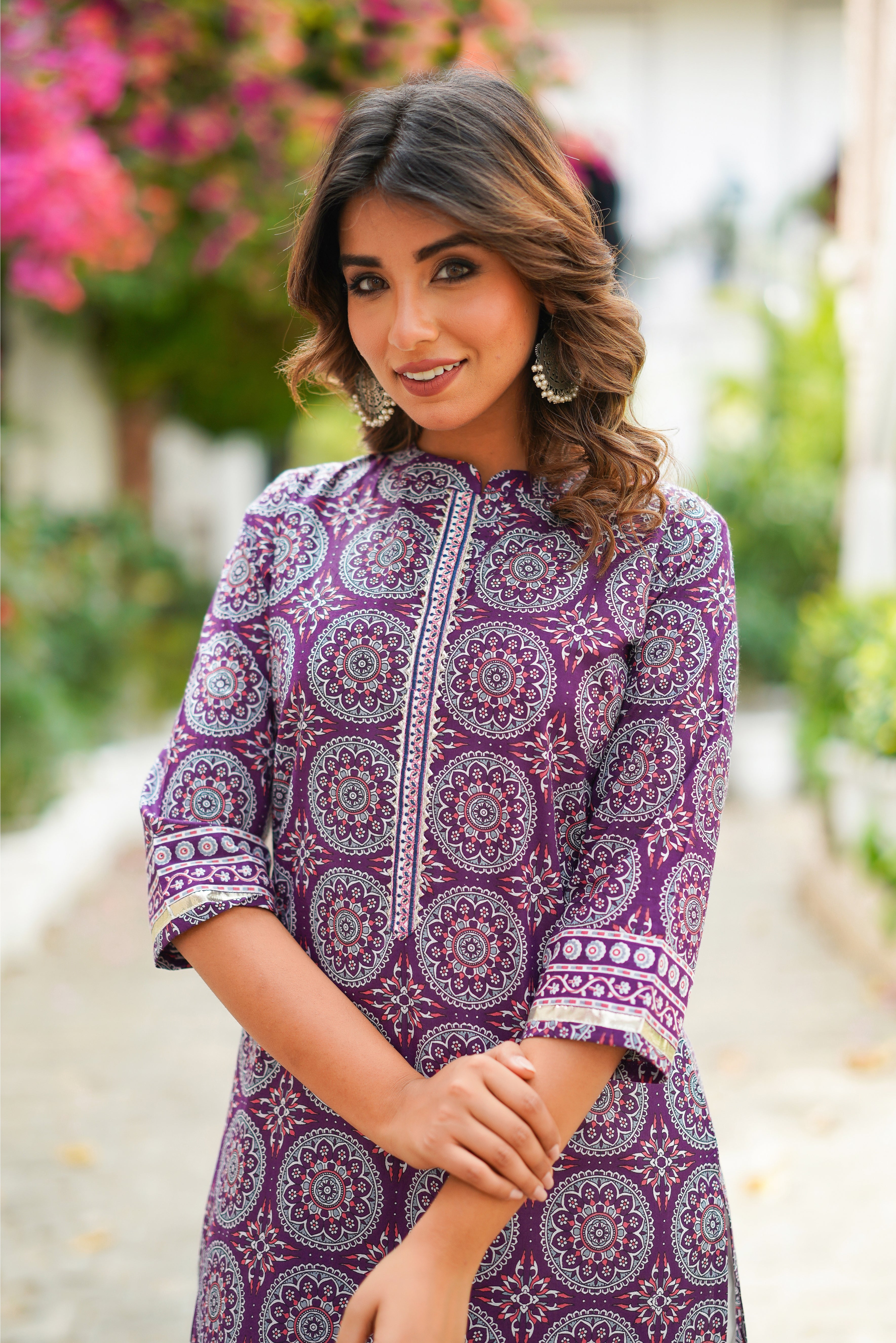 Purple Motif Printed Cotton Kurta