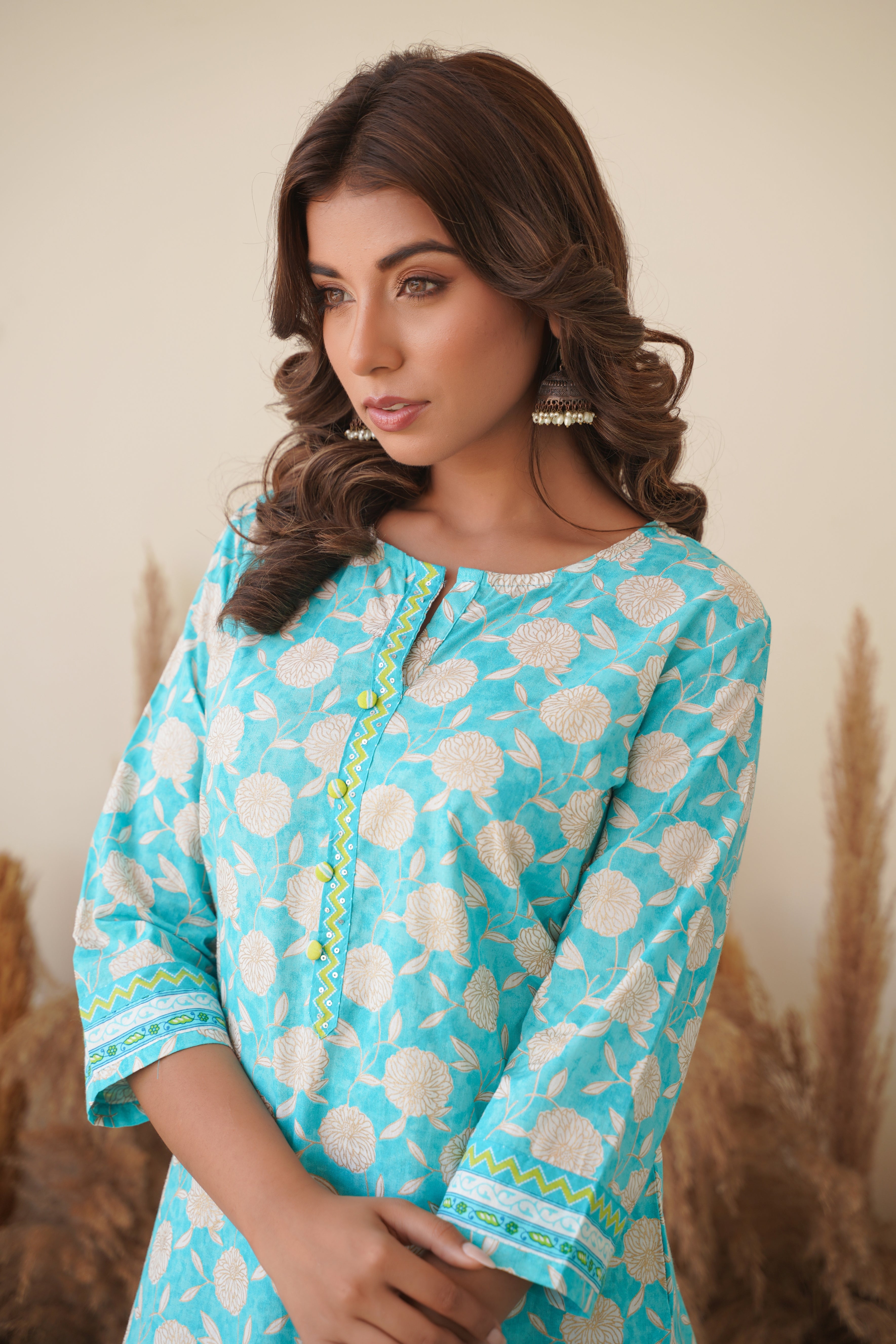 Turquoise Floral Printed Cotton Kurti