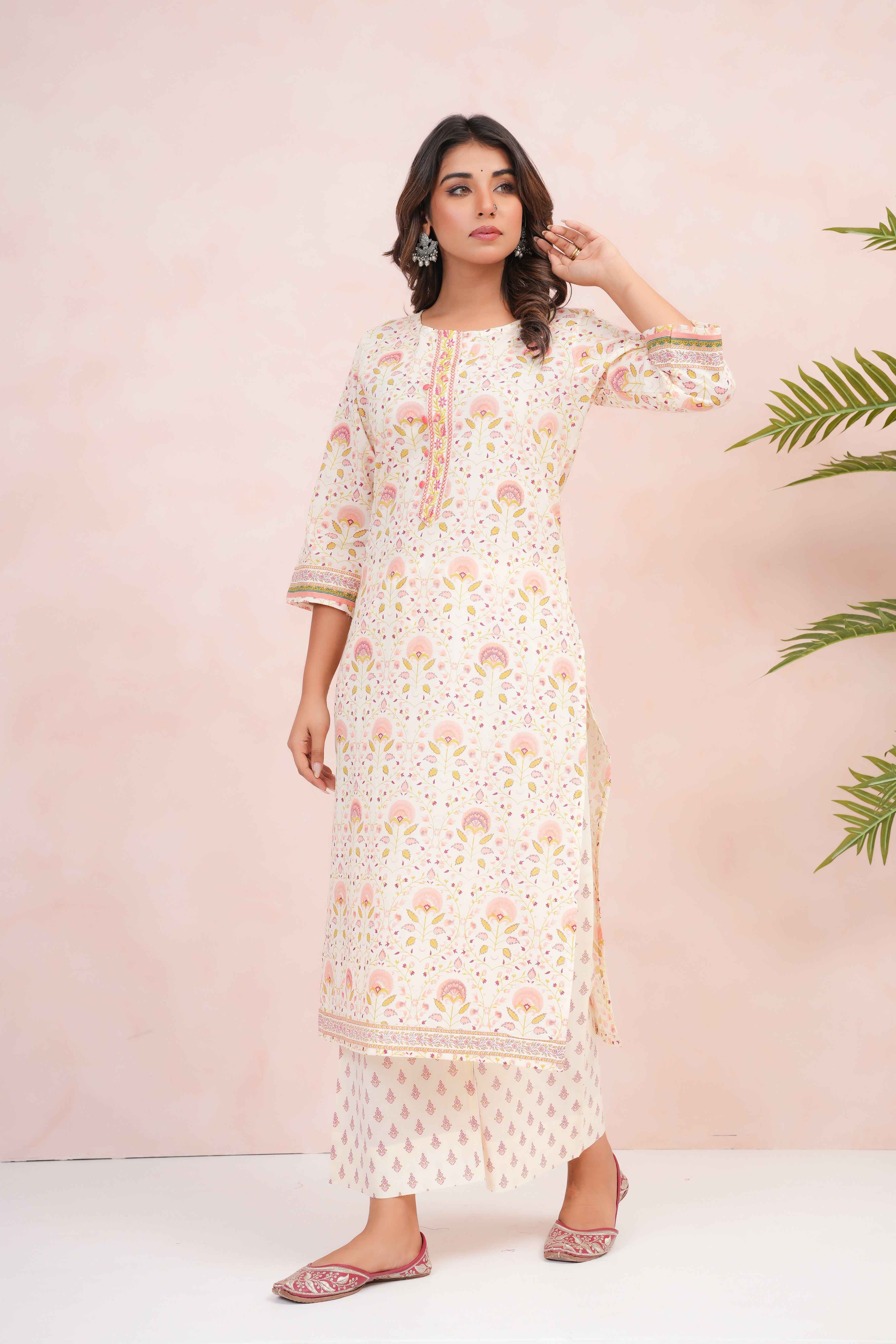 Peach Floral Printed Cotton Suit Set