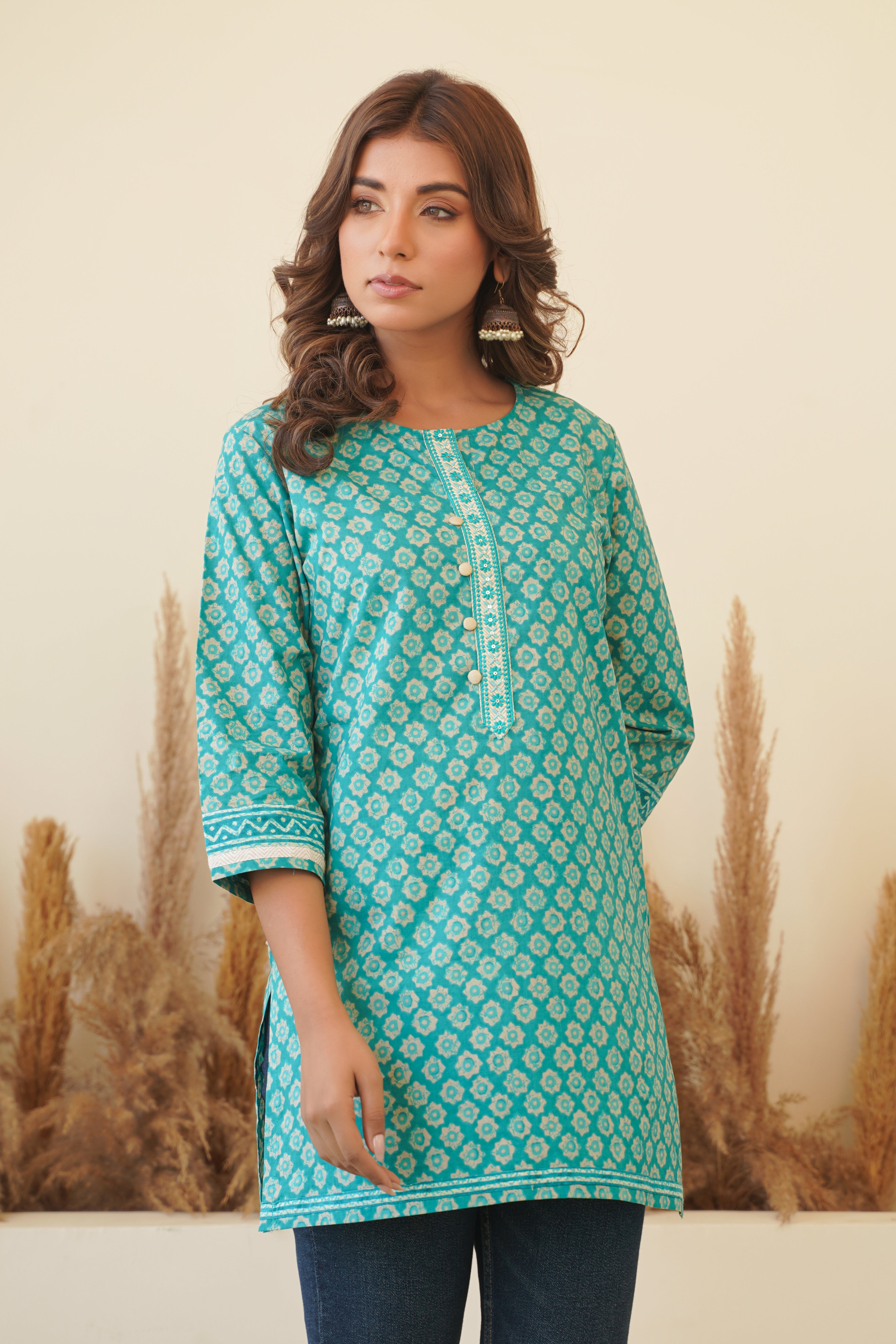 Turquoise Motif Printed Cotton Kurti