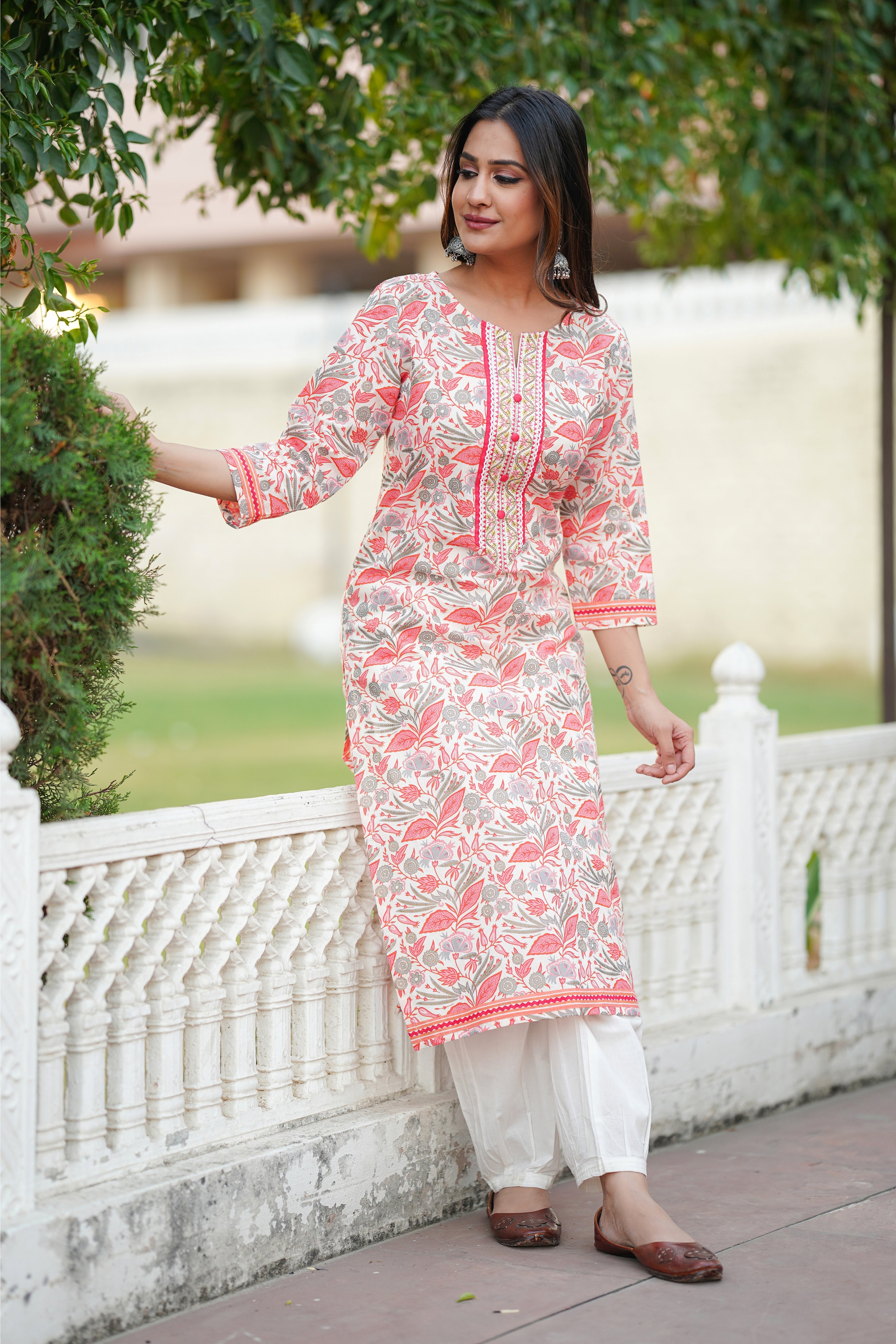 Peach Floral Printed Cotton Kurta