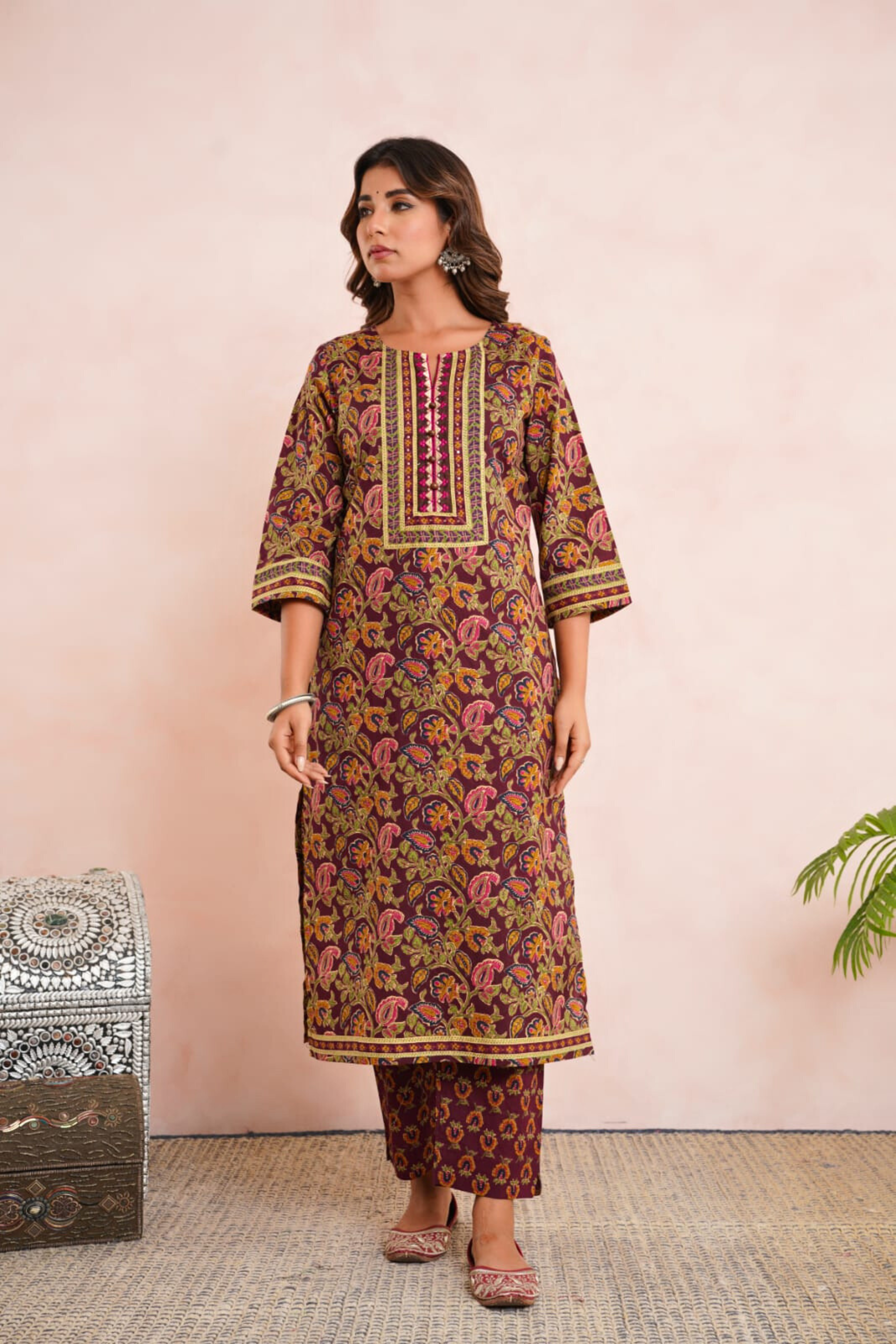 Maroon Floral Printed Cotton Suit Set