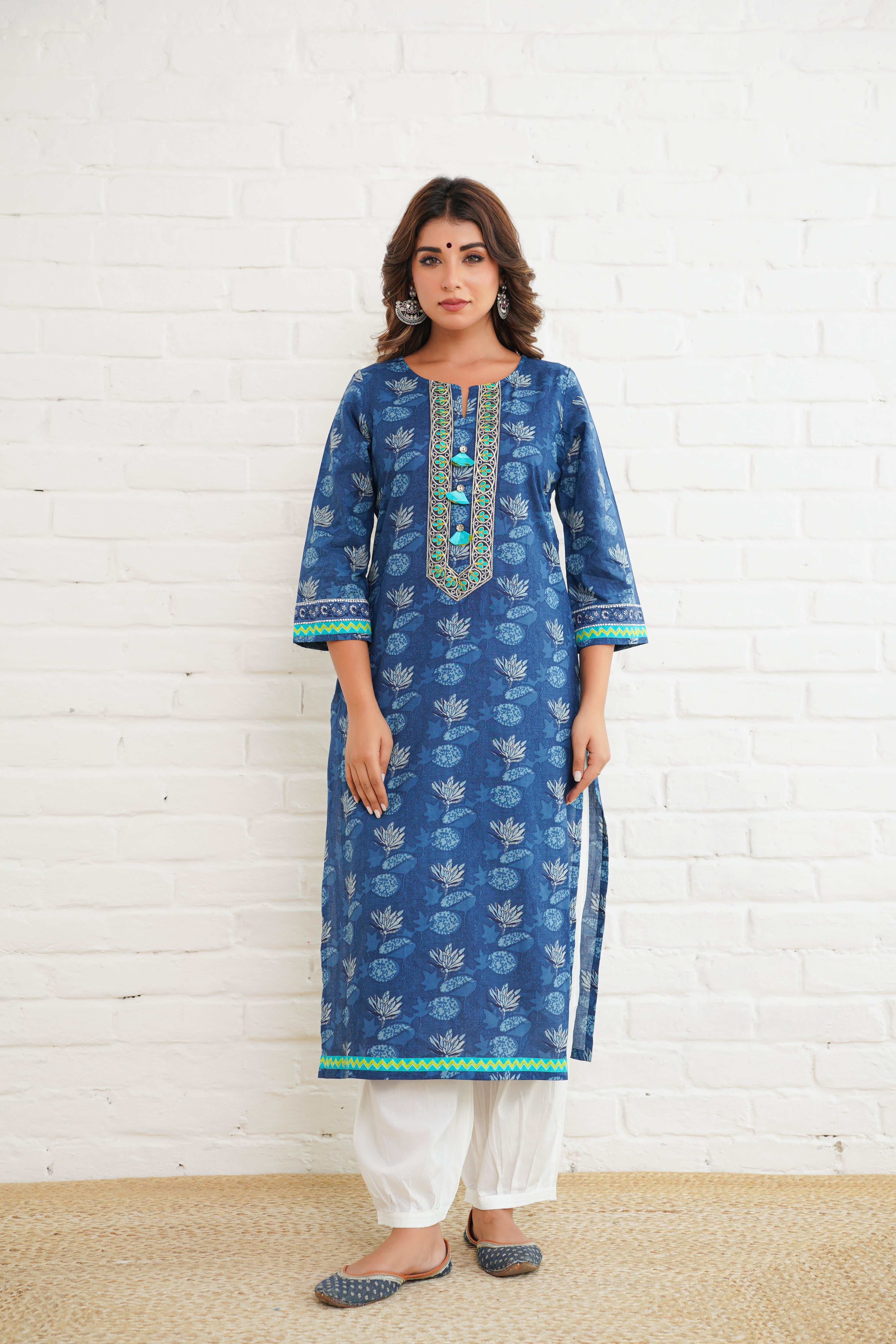 Indigo Floral Cotton Printed Kurta