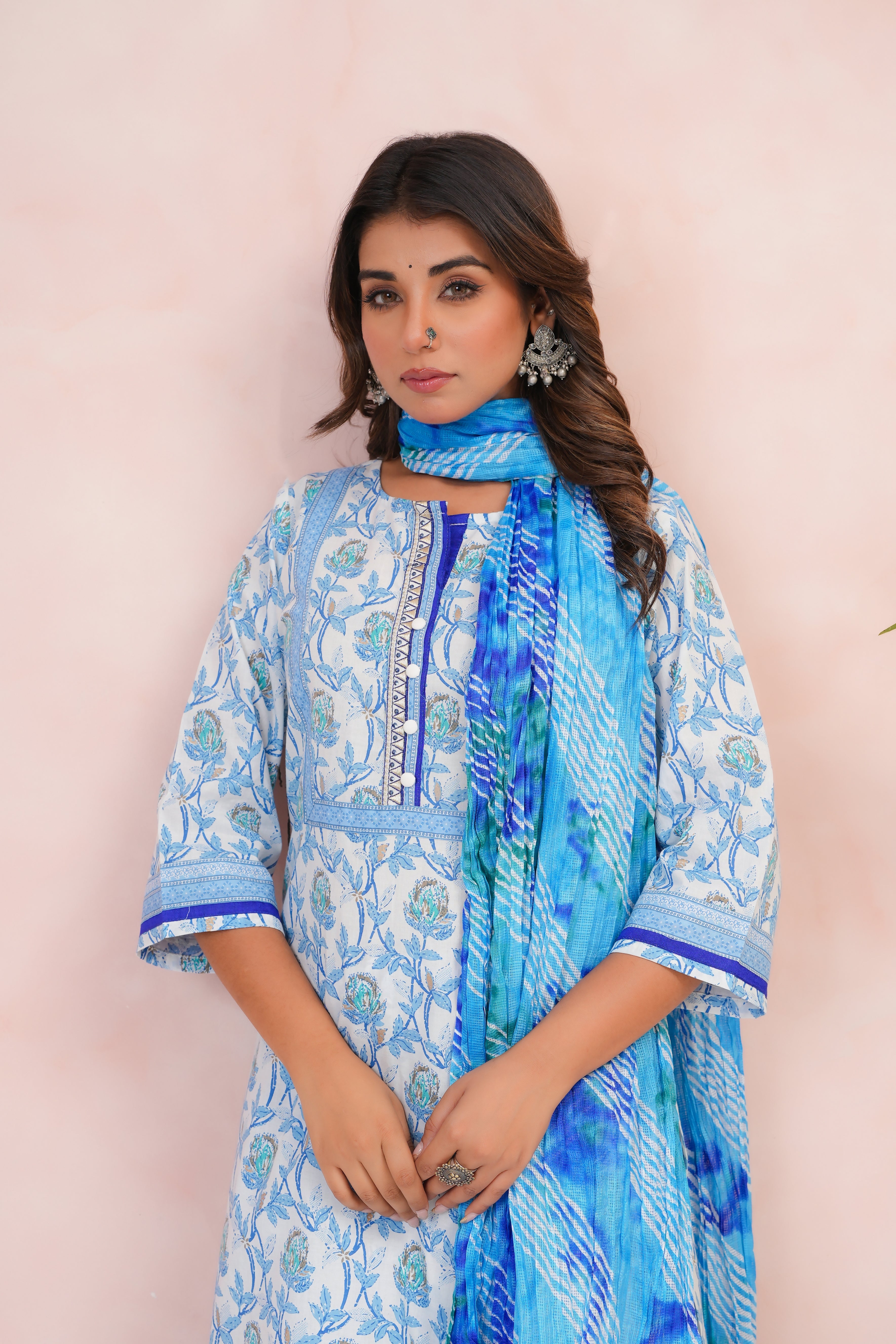 Blue Floral Printed Cotton Suit Set