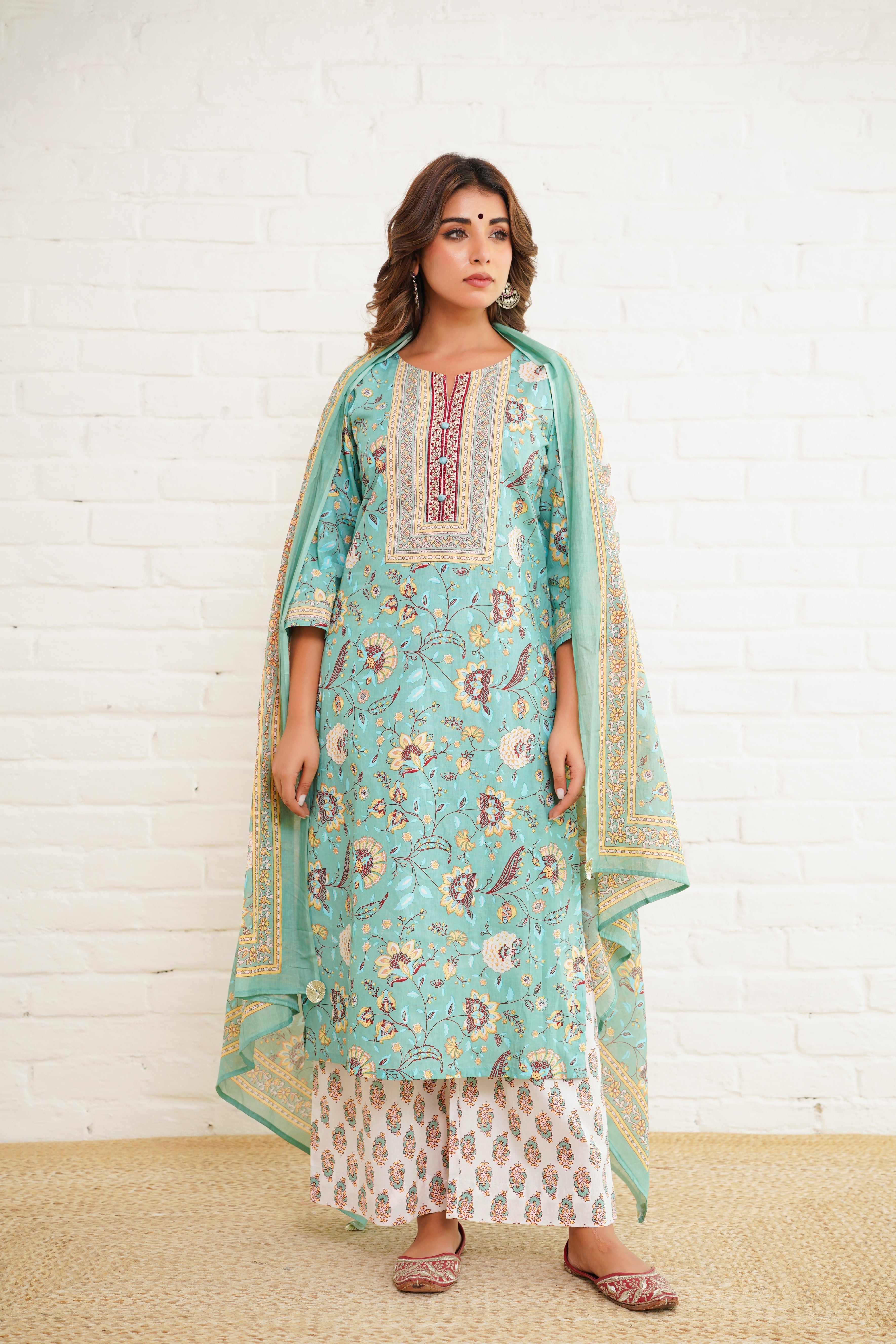 Sea Green Printed Cotton Suit Set