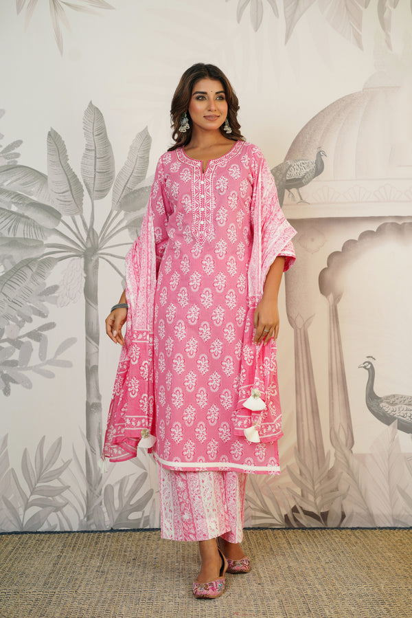 Pink Floral Printed Cotton Suit Set