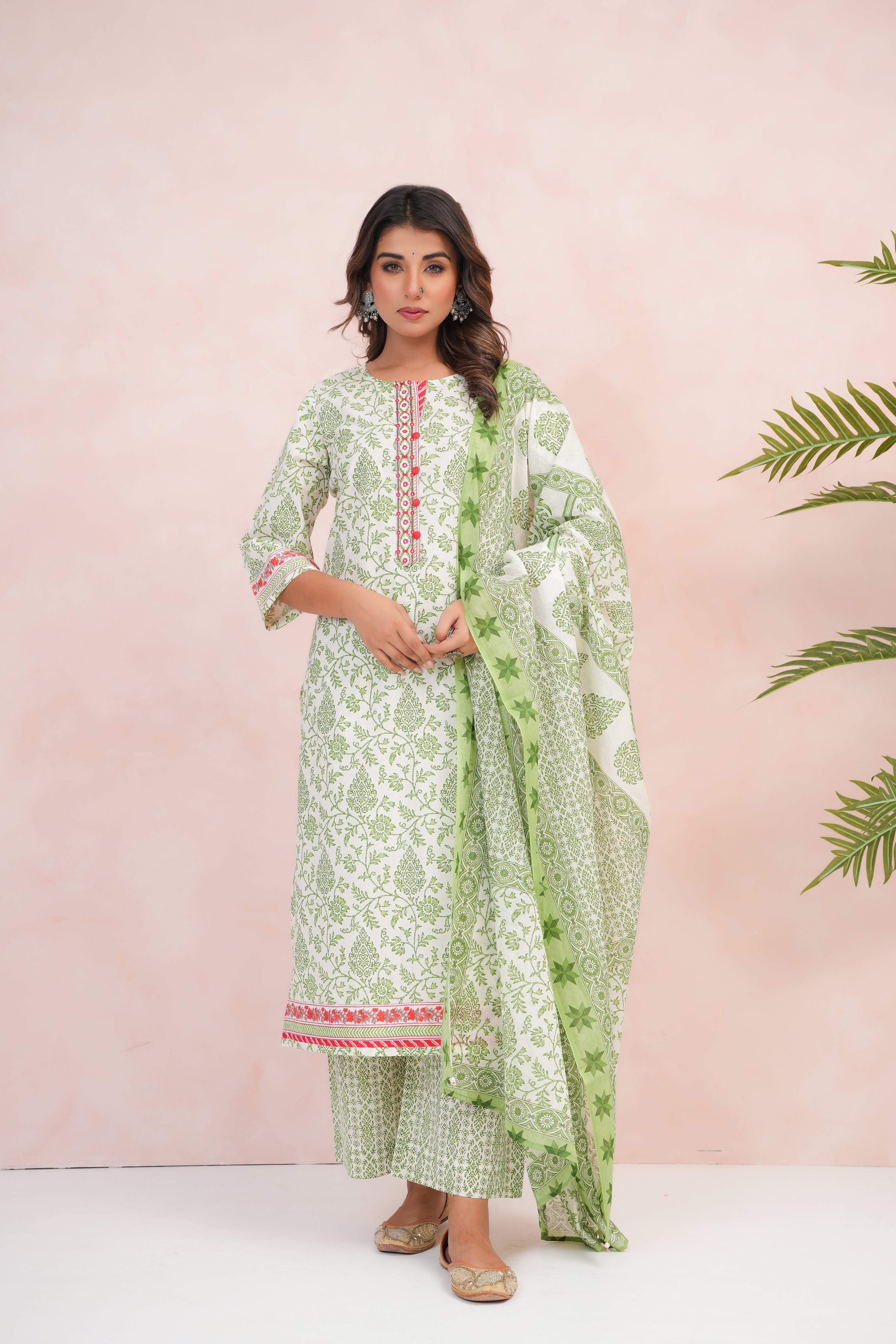 Green Motif Printed Cotton Suit Set