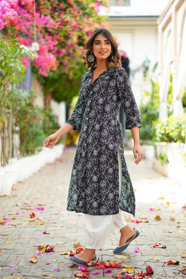 Black Floral Printed Cotton Kurta